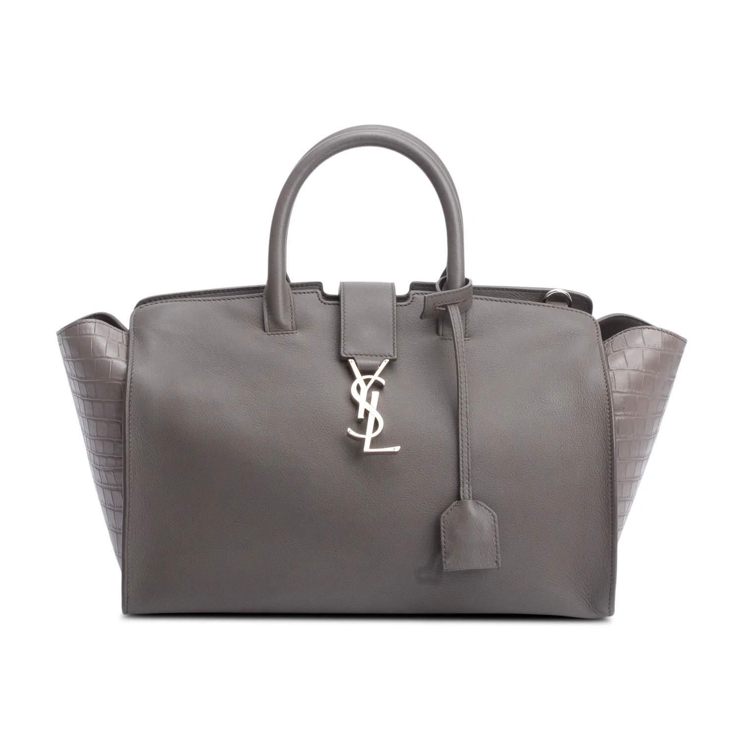 Saint Laurent Grey Calfskin and Croc Embossed Leather Downtown Baby Cabas Tote Bag w/ Strap - Image 3