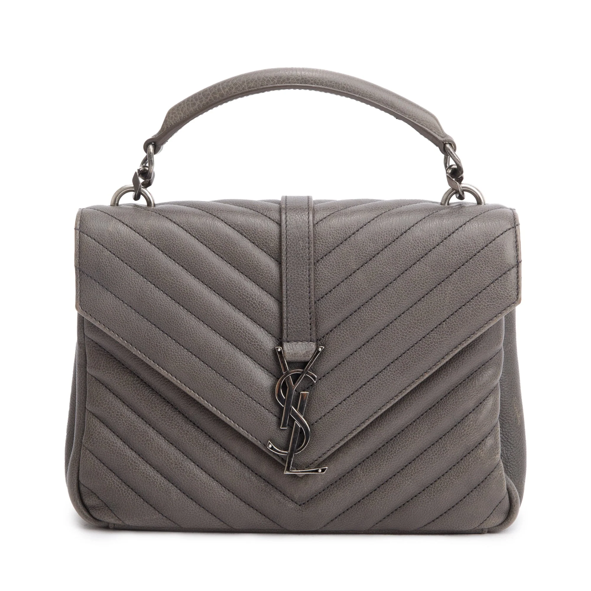 Saint Laurent Grey Leather Medium Chevron College Bag w/ Box - Image 6