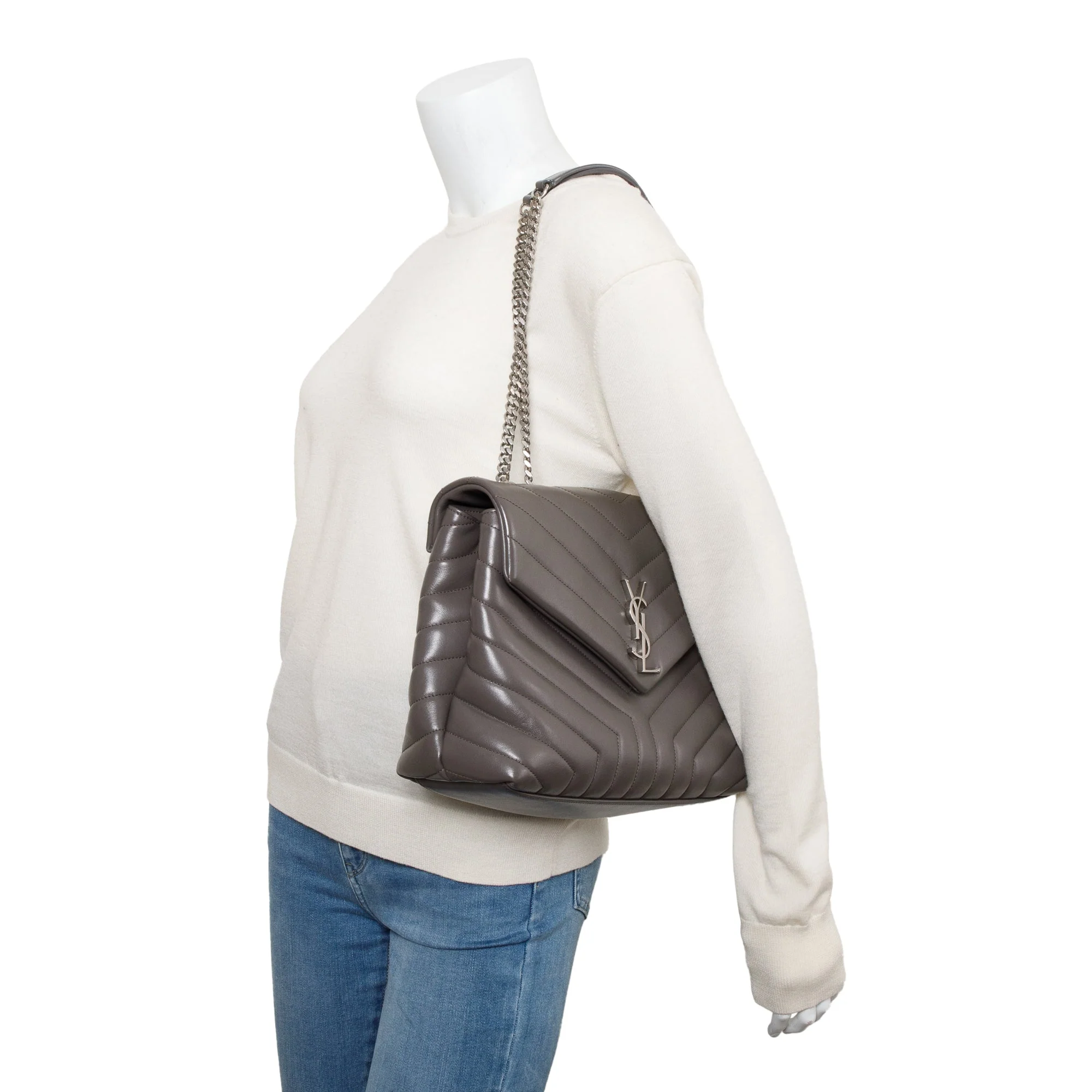 Saint Laurent Grey Quilted Leather Medium Loulou Monogram Shoulder Bag w/ Receipt - Image 2