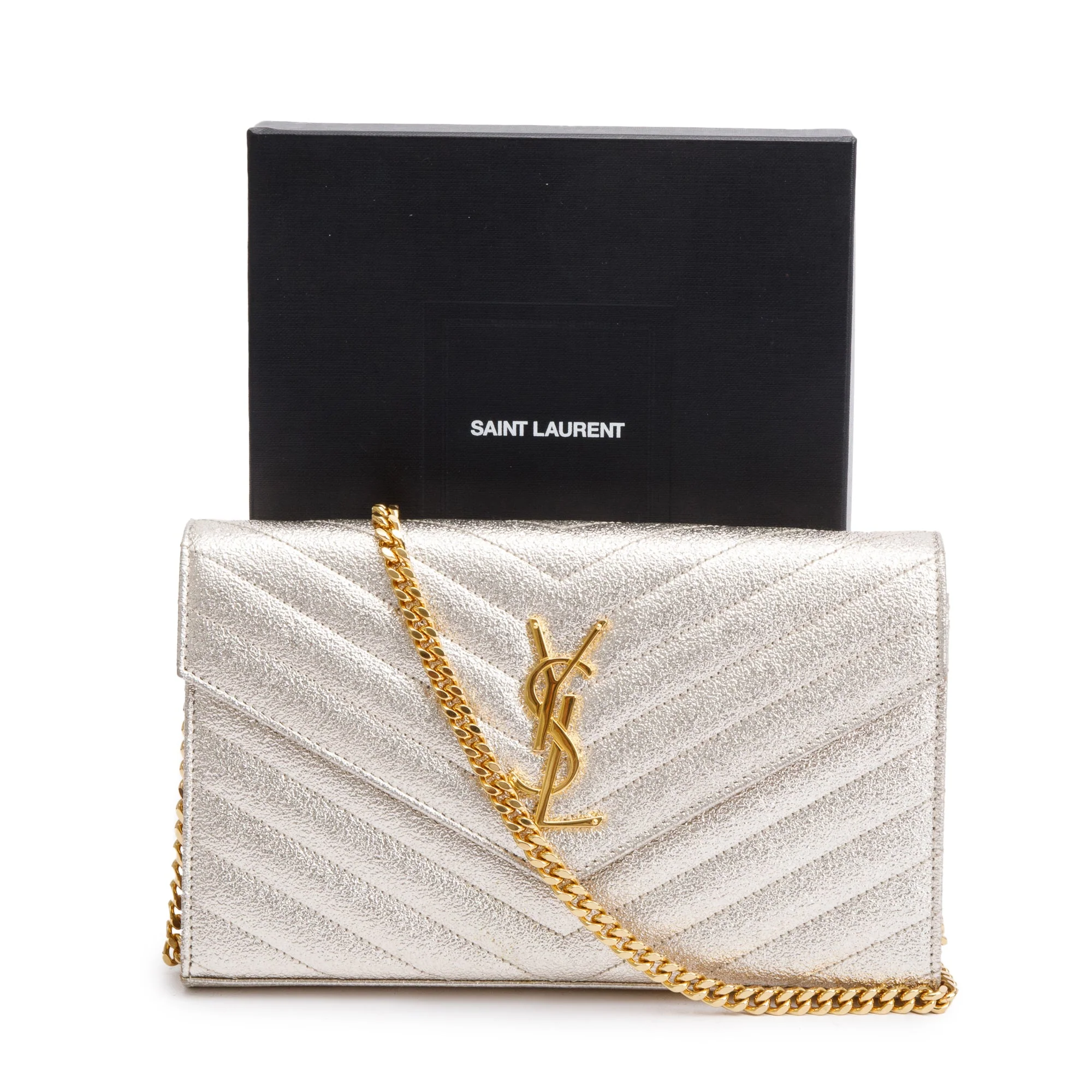 Saint Laurent Metallic Gold Grain De Poudre Leather Cassandre Matelasse Chain Wallet w/ Box - Image 2