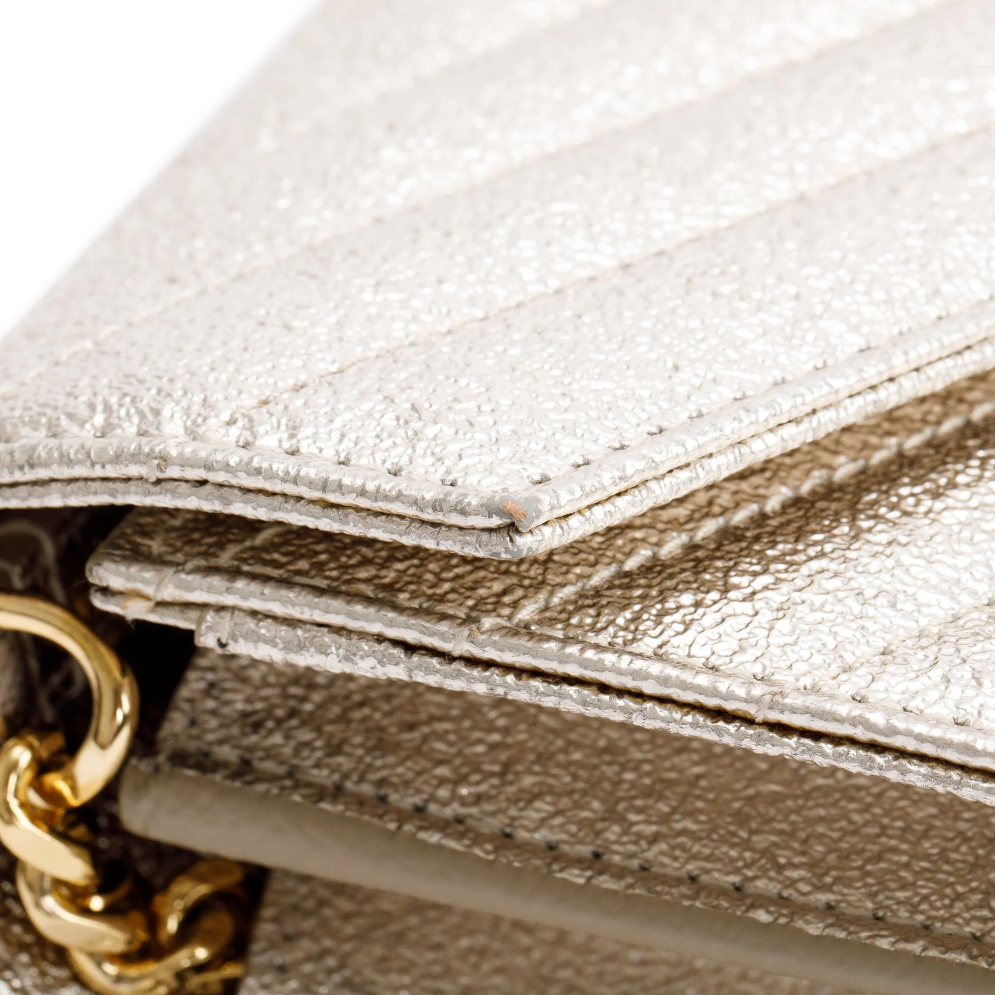 Saint Laurent Metallic Gold Grain De Poudre Leather Cassandre Matelasse Chain Wallet w/ Box - Image 9