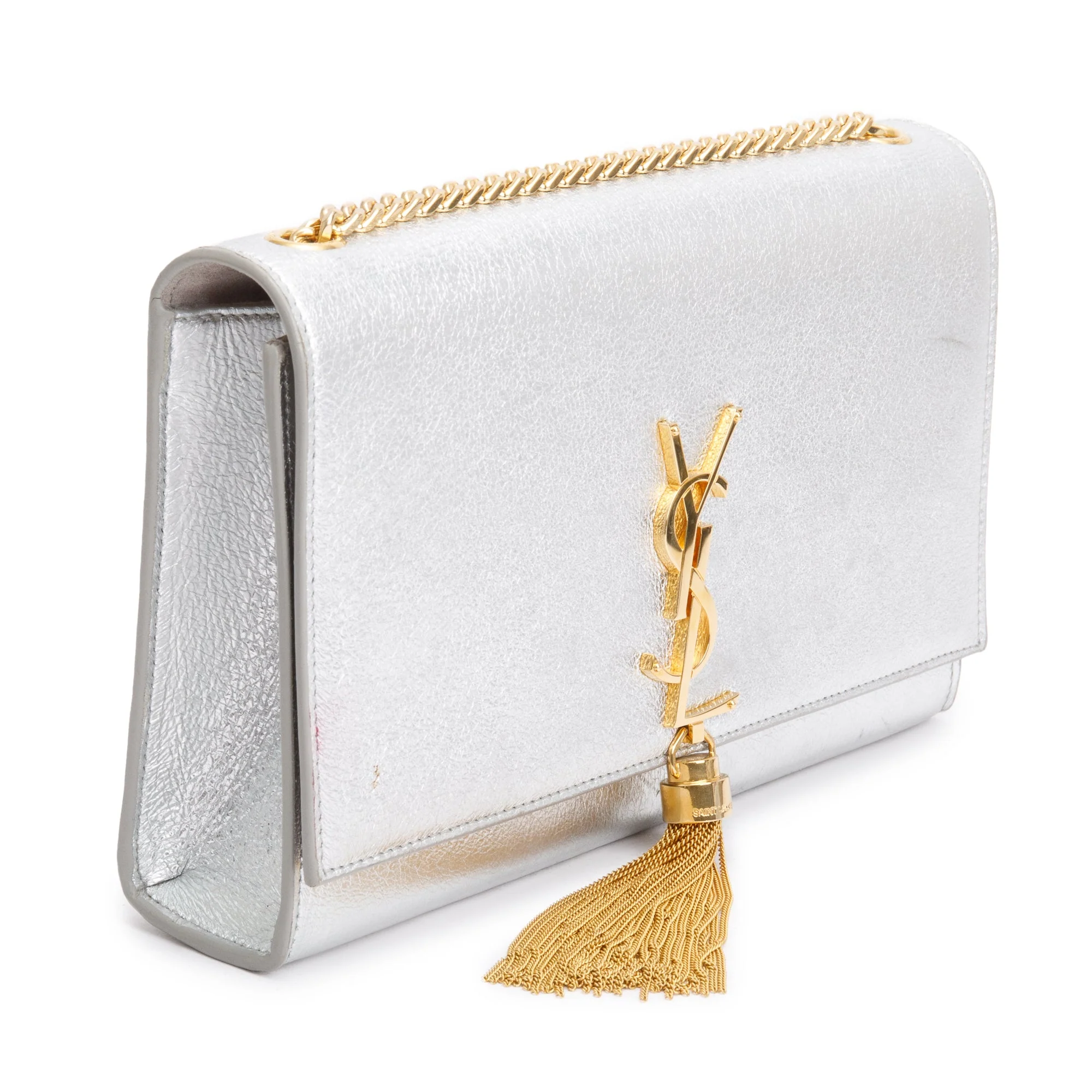 Saint Laurent Metallic Silver Leather Medium Kate Tassel Bag - Image 4