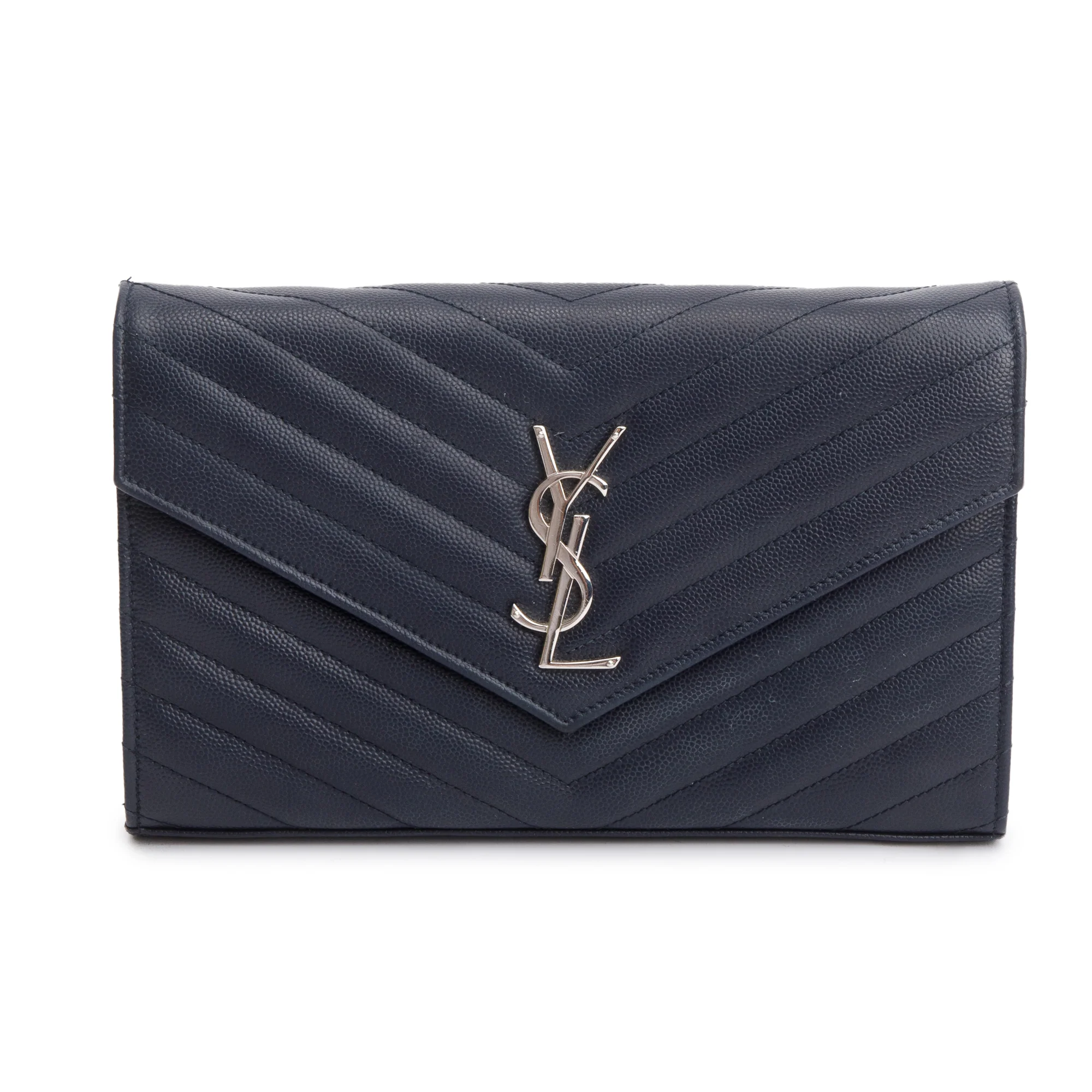 Saint Laurent Navy Grain De Poudre Leather Cassandre Envelope Chain Wallet w/ Box - Image 4