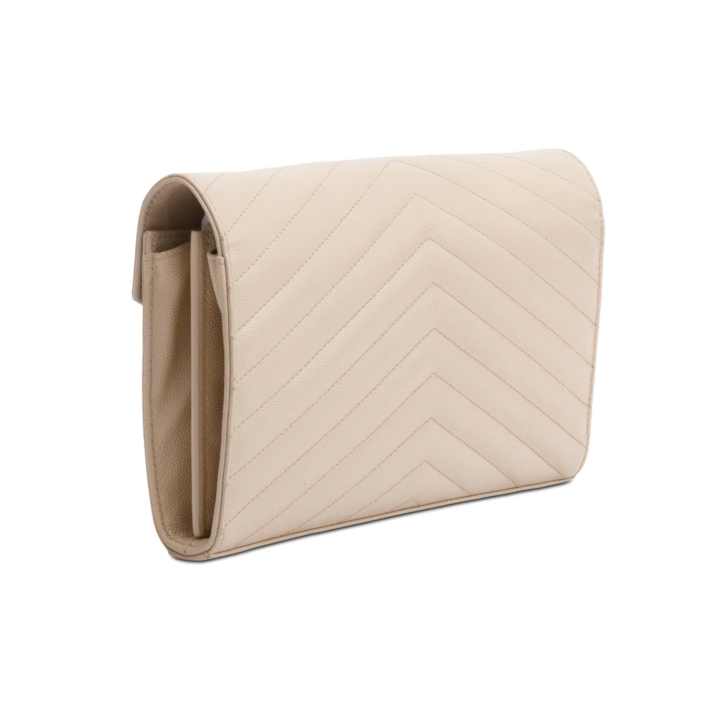 Saint Laurent Neutral Grain De Poudre Leather Cassandre Envelope Chain Wallet - Image 6