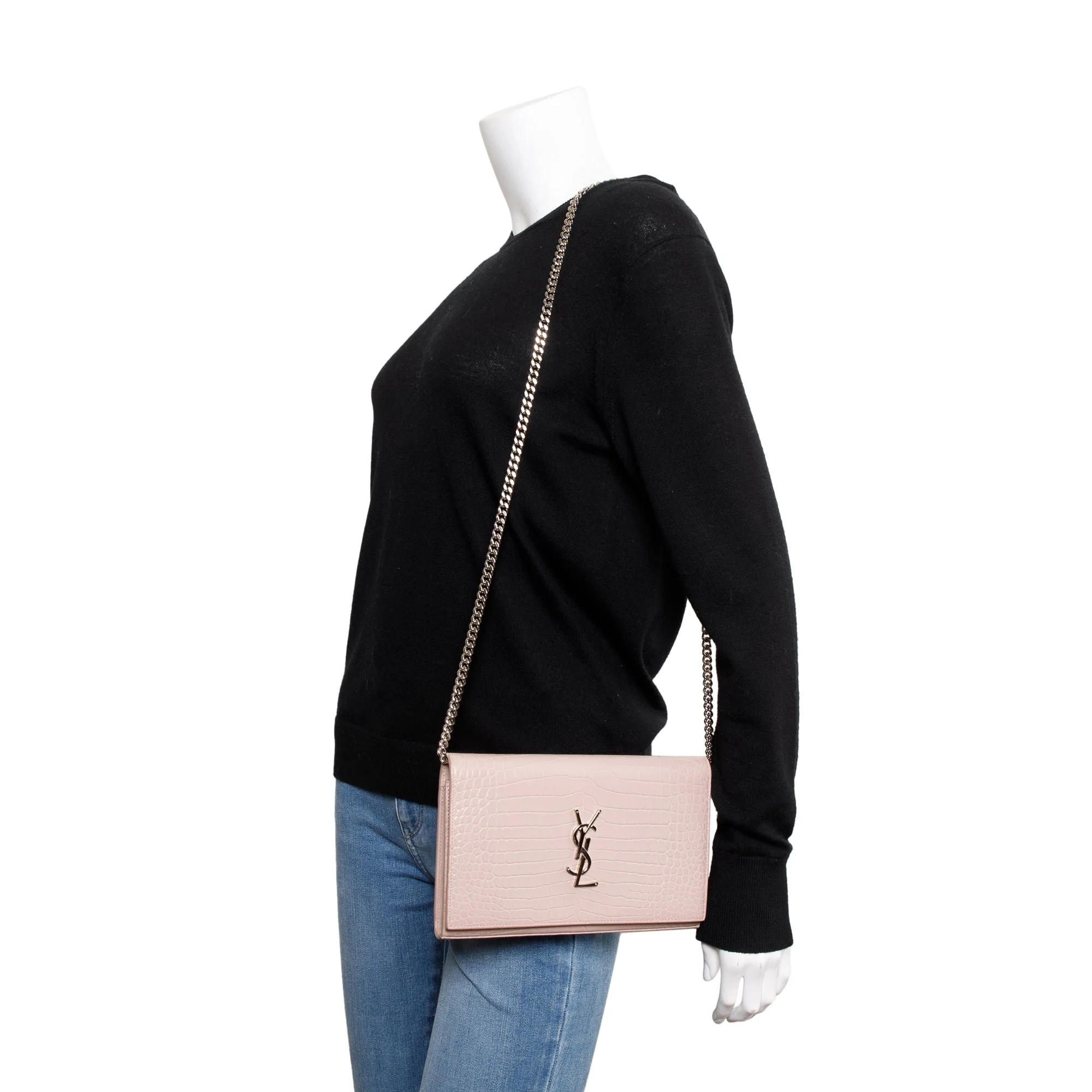 Saint Laurent Pink Crocodile-Embossed Leather Cassandre Chain Wallet - Image 2
