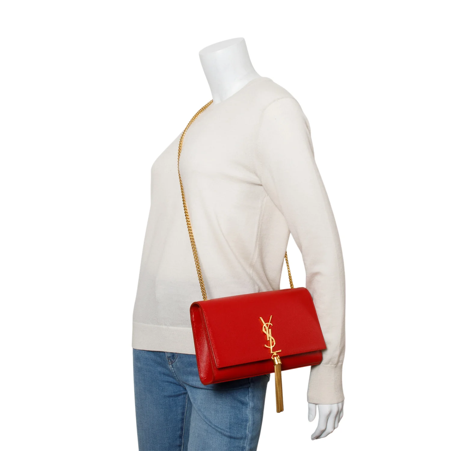 Saint Laurent Red Grain De Poudre Leather Medium Classic Monogram Kate Tassel Chain Bag - Image 2