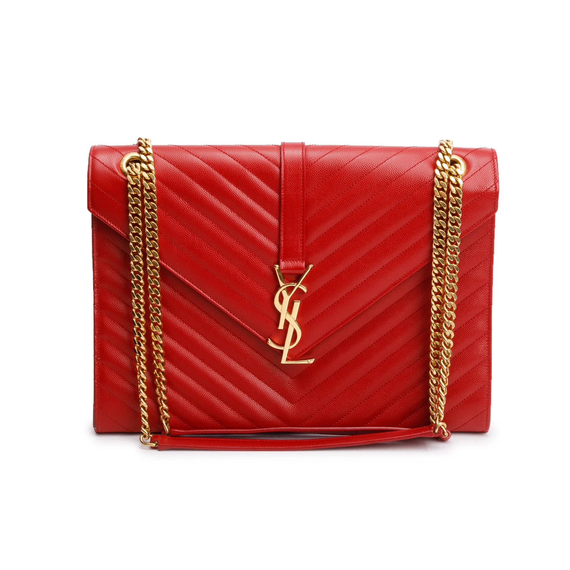 Saint Laurent Red Quilted Grain De Poudre Leather Large Envelope Chain Bag