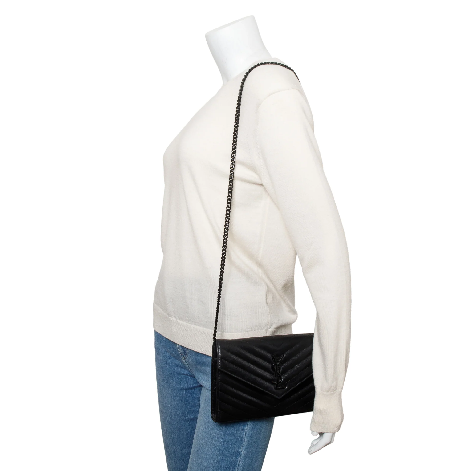 Saint Laurent So Black Grain De Poudre Leather Classic Cassandre Envelope Chain Wallet w/ Box - Image 2