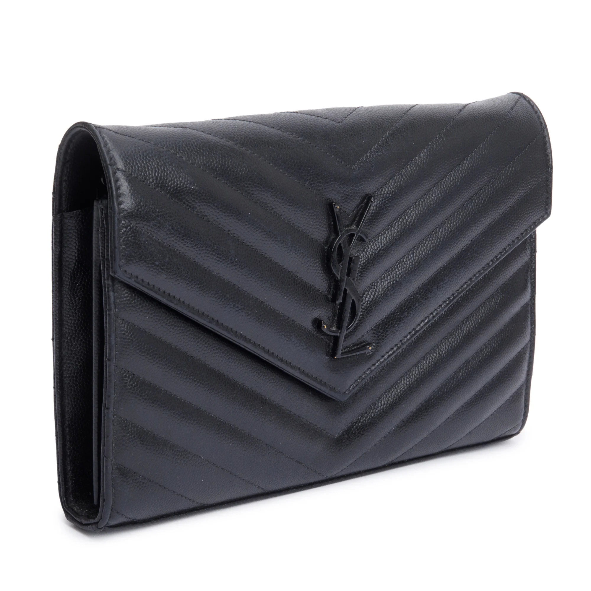 Saint Laurent So Black Grain De Poudre Leather Classic Cassandre Envelope Chain Wallet w/ Box - Image 5