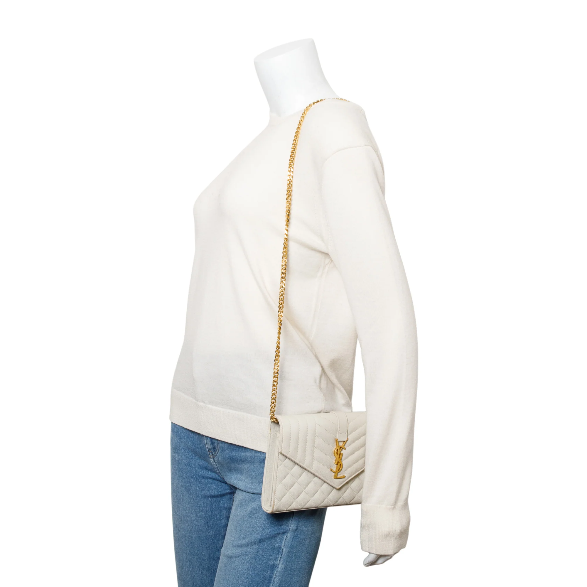 Saint Laurent White Mix Matelasse Grain De Poudre Leather Envelope Chain Wallet - Image 2