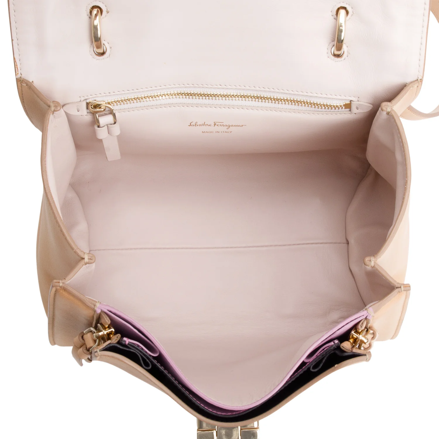 Salvatore Ferragamo Beige Calfskin Sofia Rainbow Top Handle Bag w/ Strap - Image 8