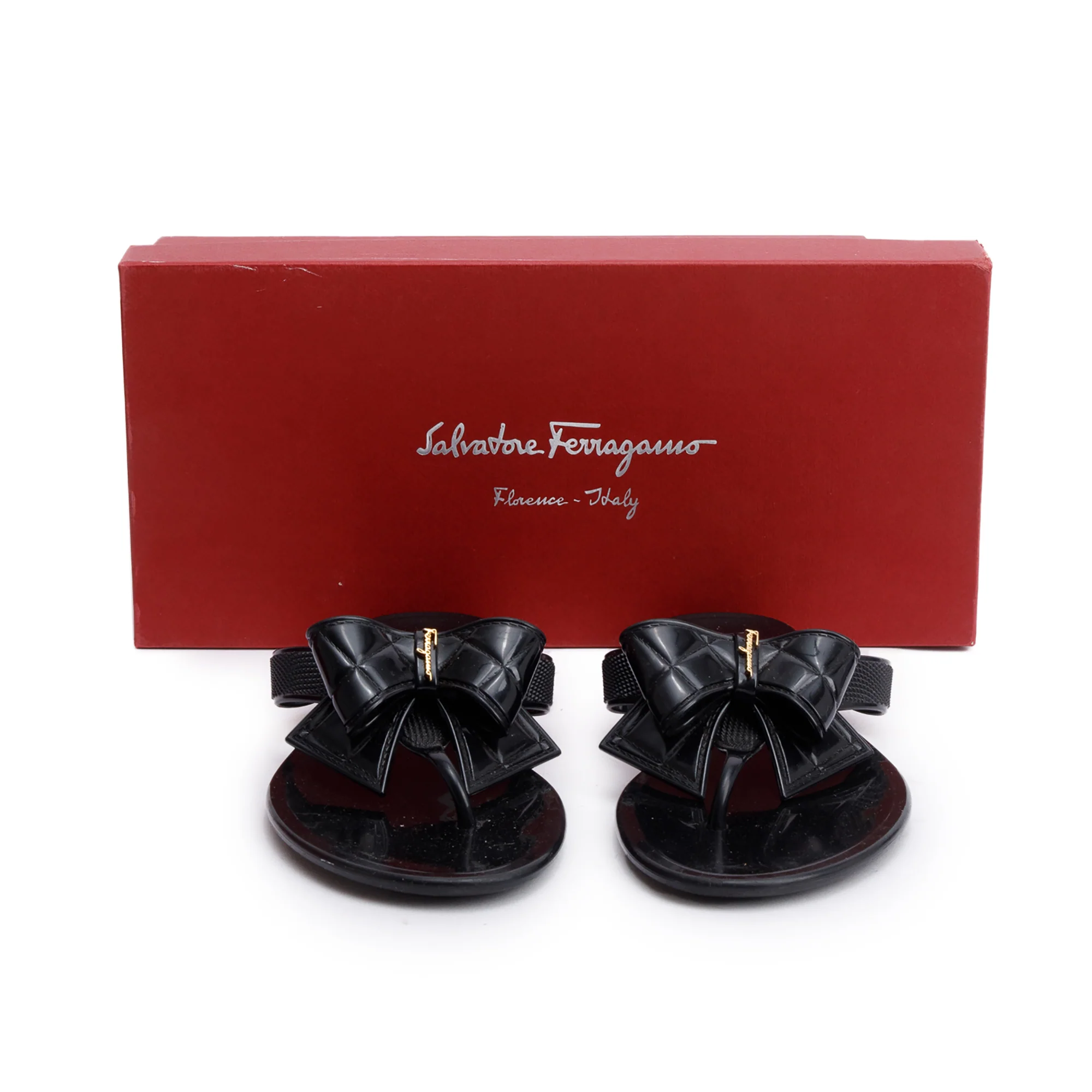Salvatore Ferragamo Black Rubber Bow T-Strap  Sandals, Size 7 w/ Box - Image 2