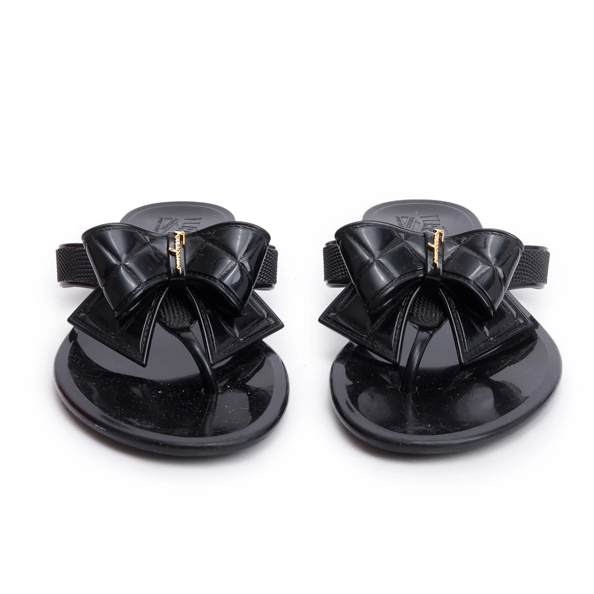 Salvatore Ferragamo Black Rubber Bow T-Strap  Sandals, Size 7 w/ Box - Image 4