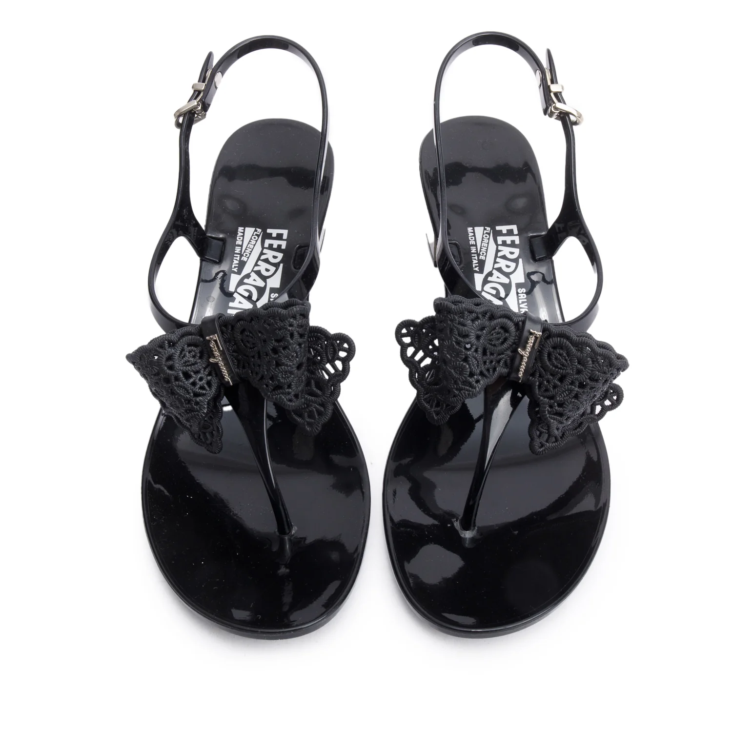 Salvatore Ferragamo Black Rubber Perala Ferra Bow Accent T-Strap Slingback Sandals, Size 7 w/ Box - Image 3