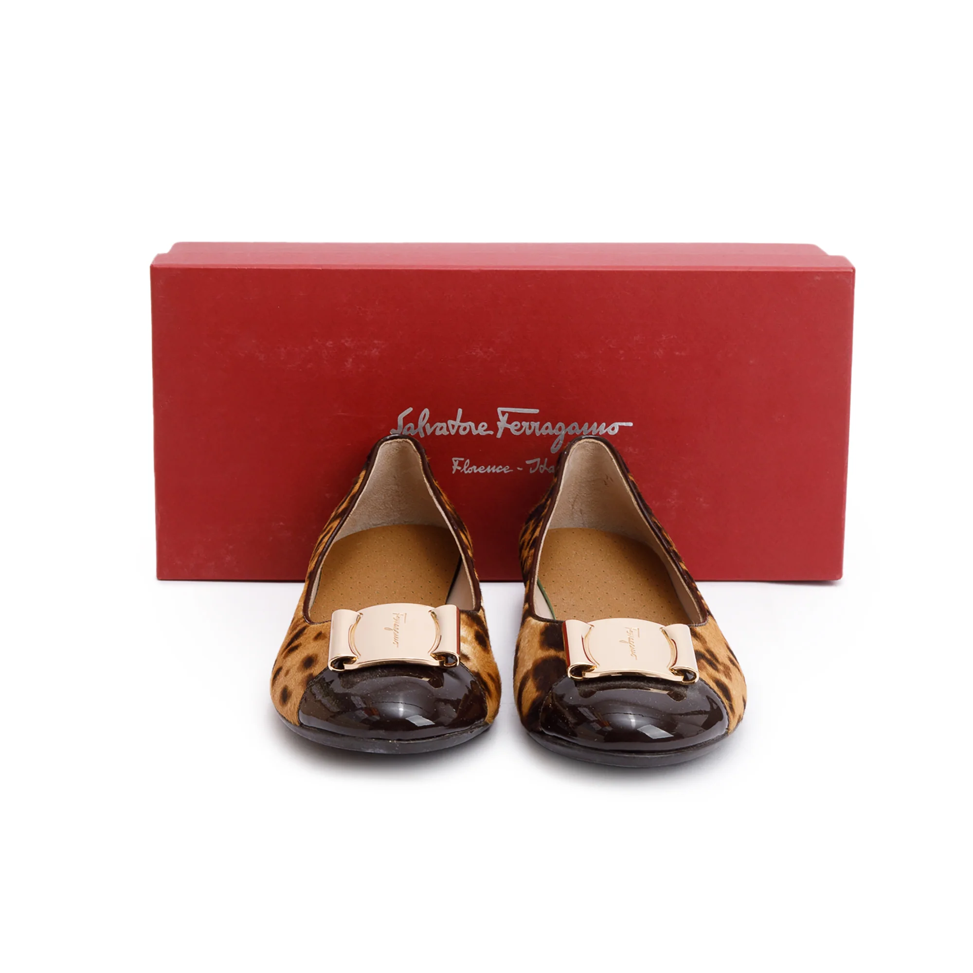 Salvatore Ferragamo Brown Loepard Print Pony Hair Vara Bow Flats, Size 9 w/ Box - Image 2