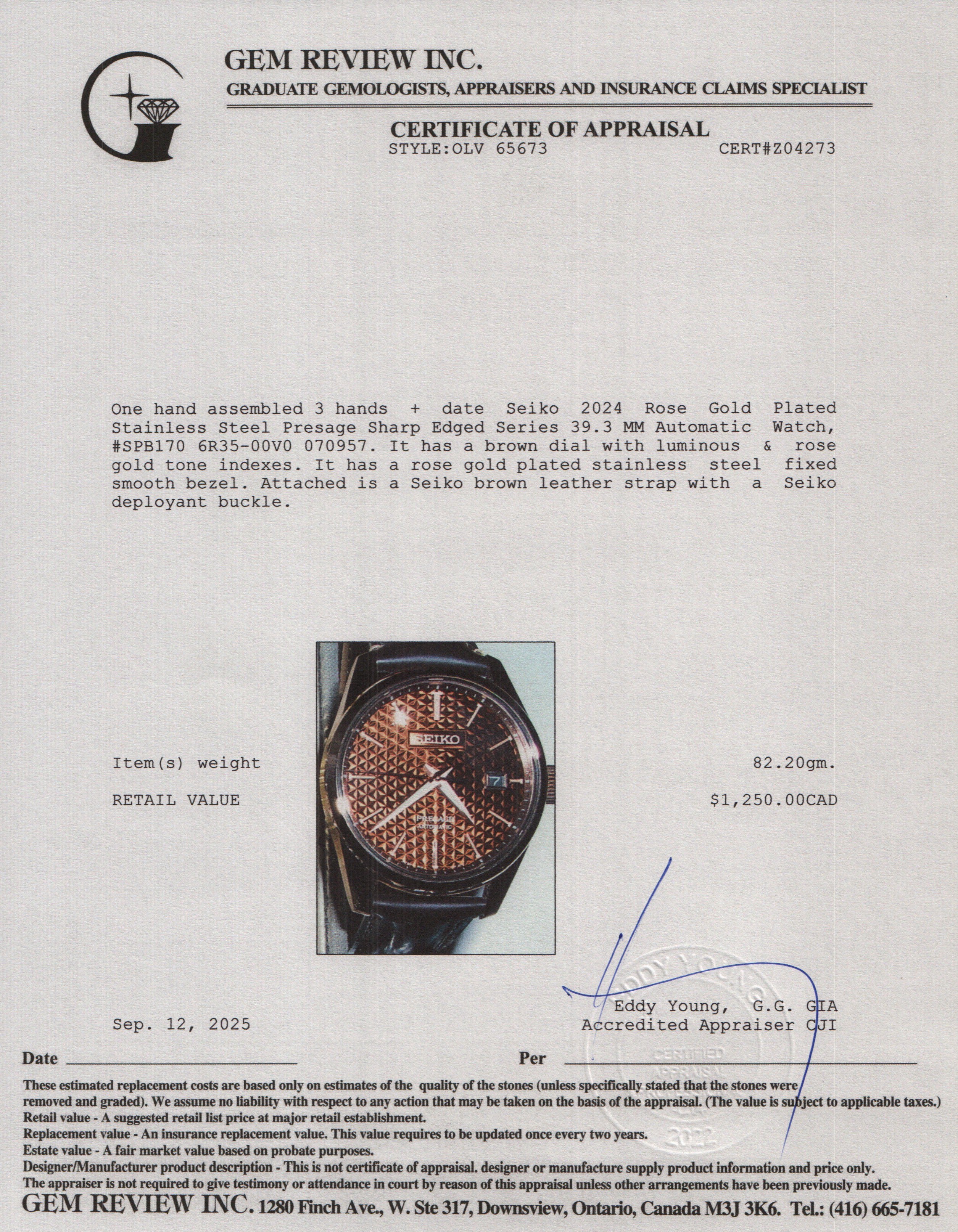 Seiko 2024 Rose Gold Plated Stainless Steel Presage Sharp Edged Series 39.3 MM Automatic Watch Brown Dial SPB170 w/ Box & Papers - Image 6
