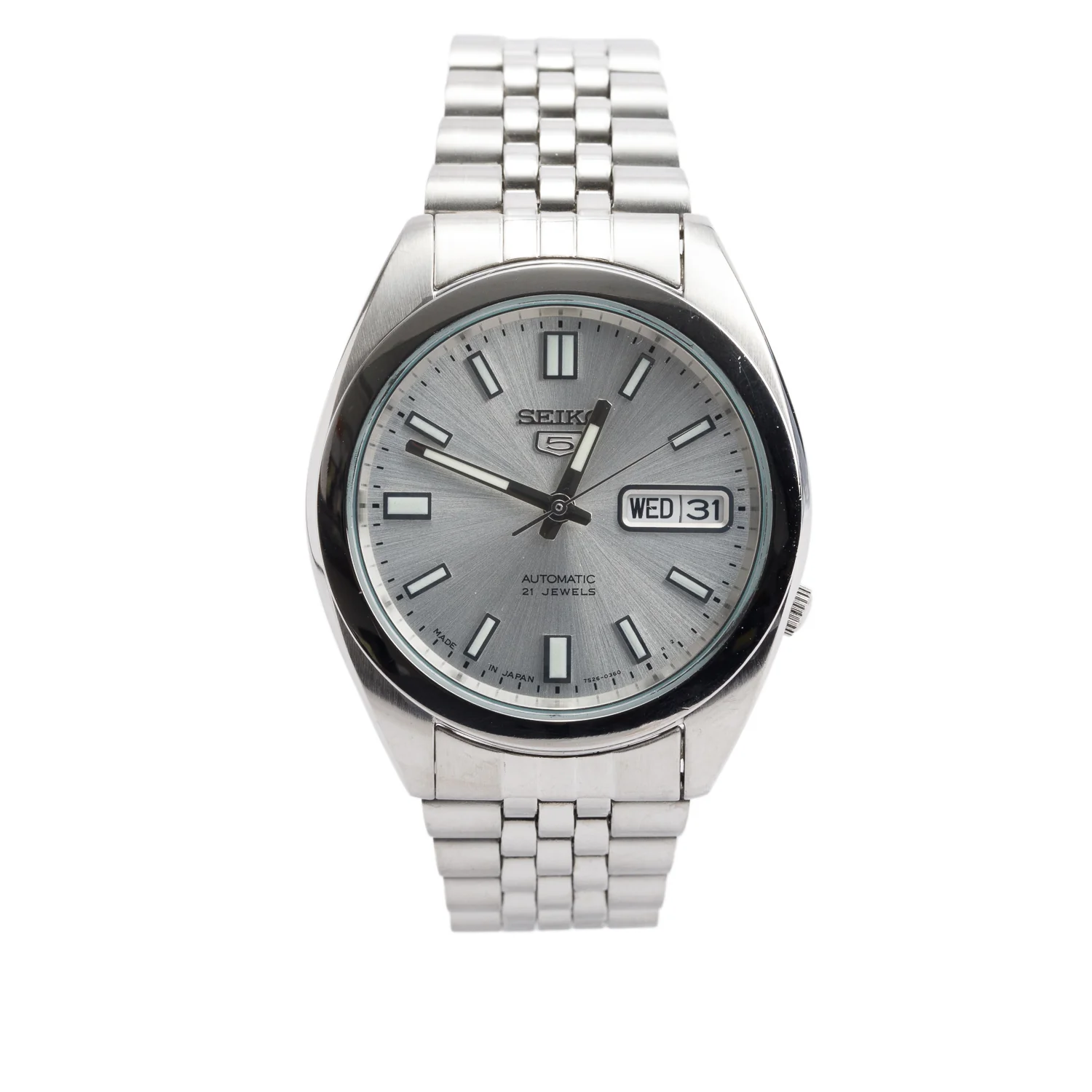 Seiko Stainless Steel Series 5 21 Jewels 37 MM Arabic Day Date Automatic Watch Silver Dial SNK355 w/ Box