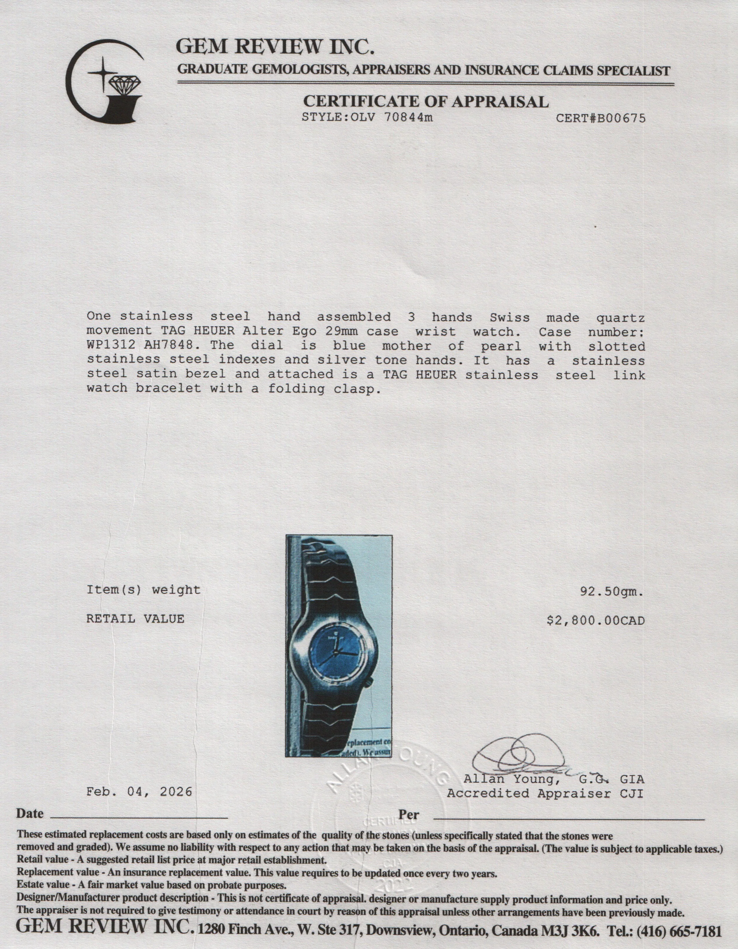 Tag Heuer Stainless Steel Alter Ego 29 MM Watch Blue Mother of Pearl Dial WP1312 - Image 5