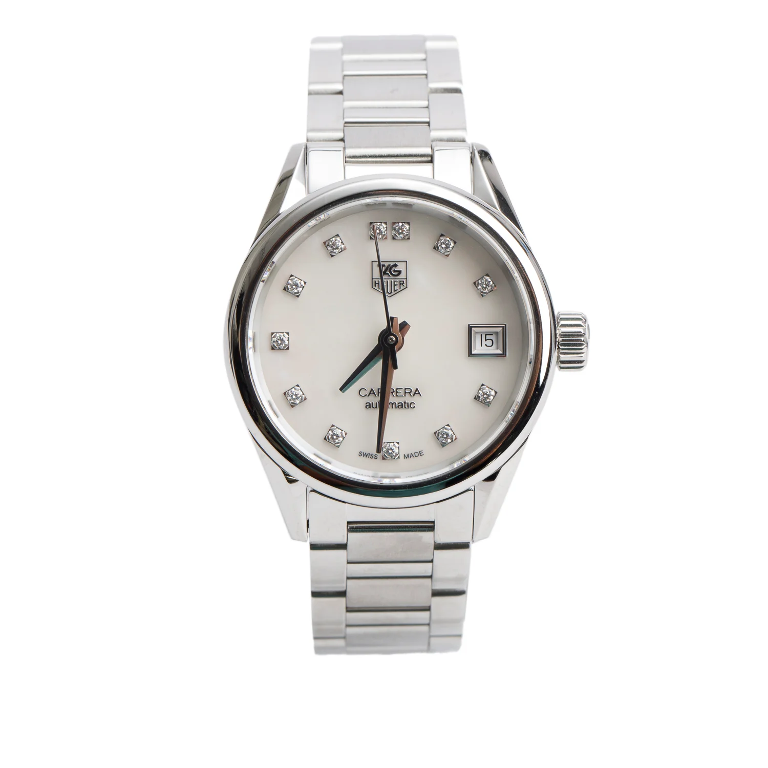 Tag Heuer Stainless Steel Mother of Pearl Diamond Dial Carrera 28 MM Automatic Watch WAR2414 w/ Papers