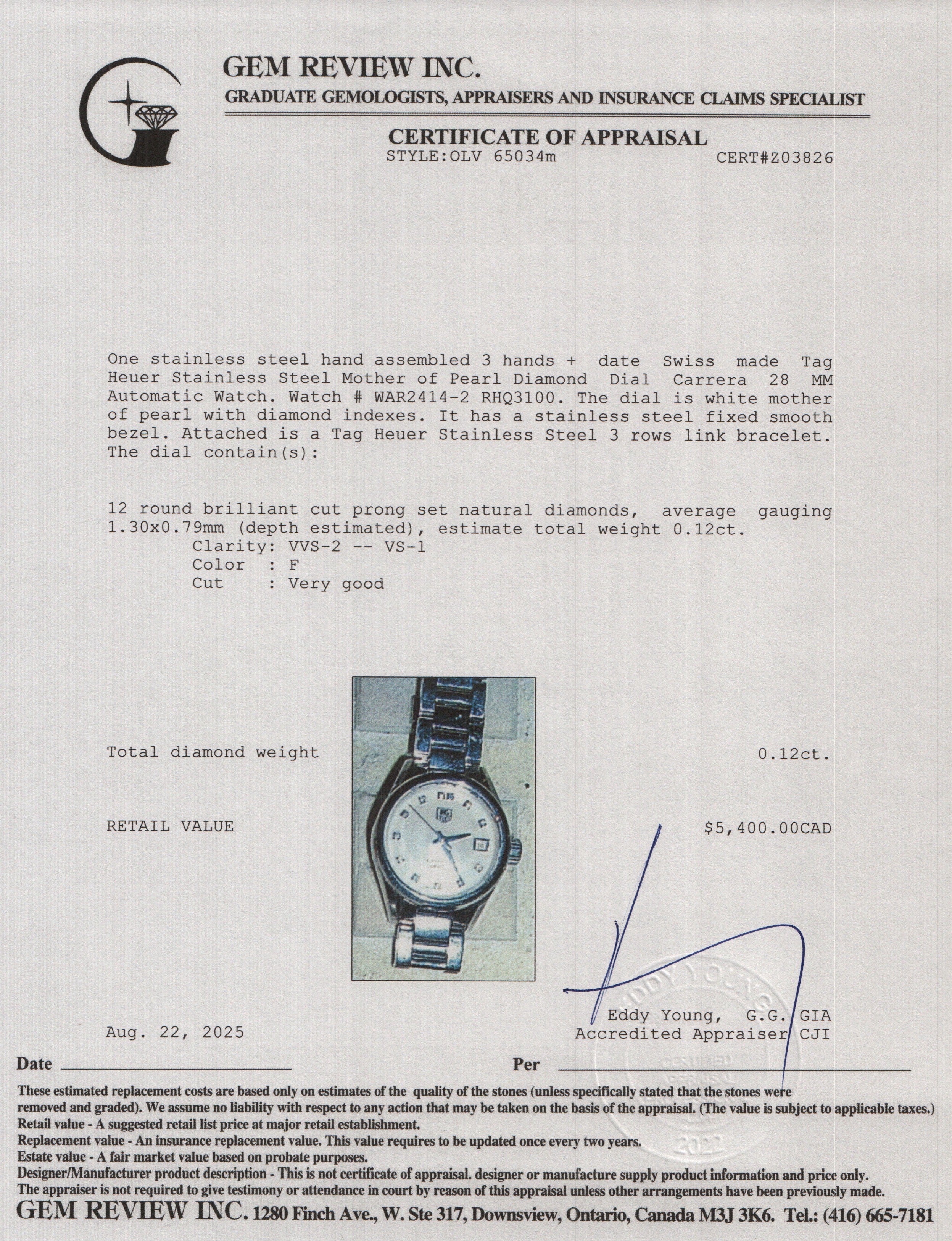 Tag Heuer Stainless Steel Mother of Pearl Diamond Dial Carrera 28 MM Automatic Watch WAR2414 w/ Papers - Image 6