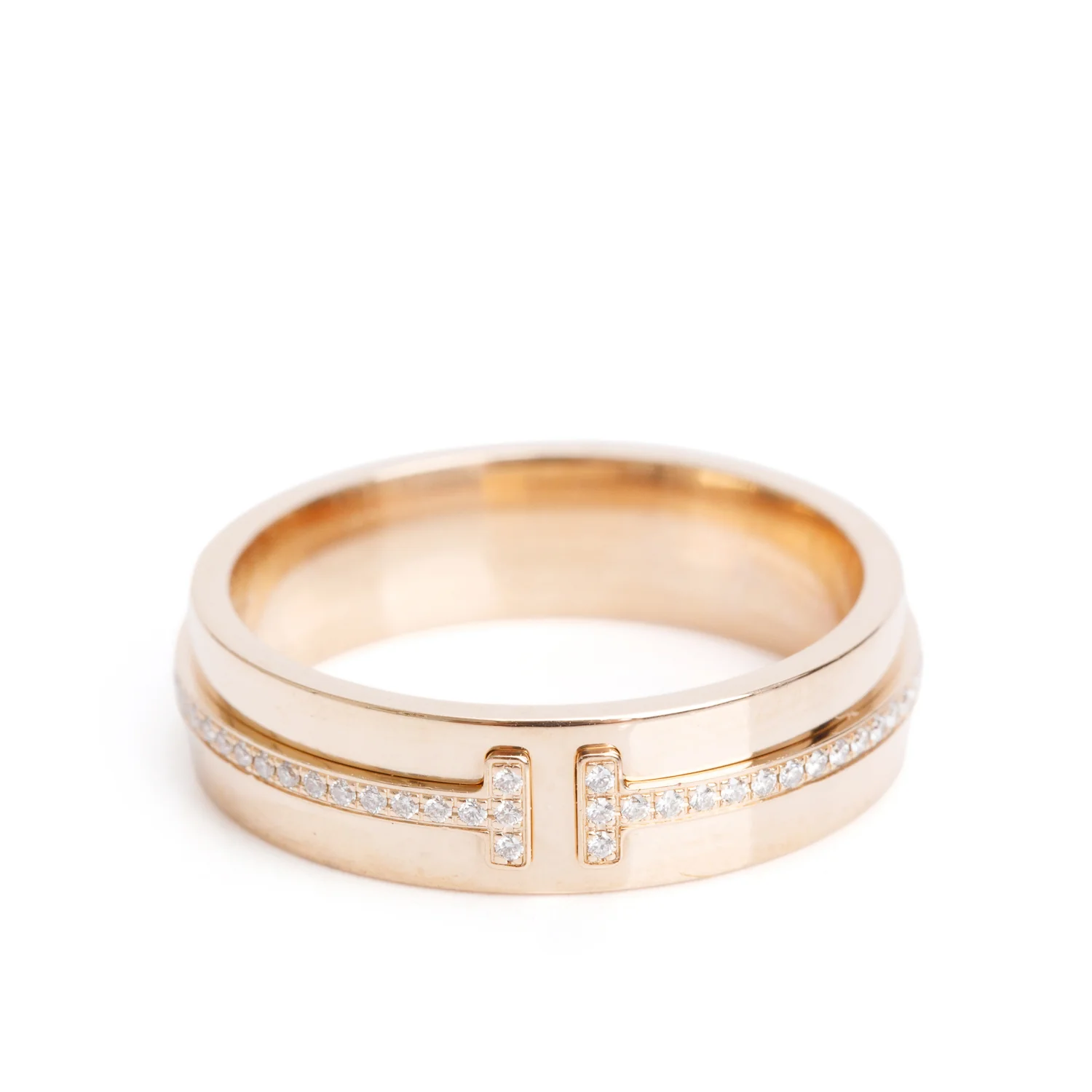 Tiffany & Co. 18k Rose Gold Diamond T 5.5 MM Wide Ring, Size 8 w/ Box & Receipt