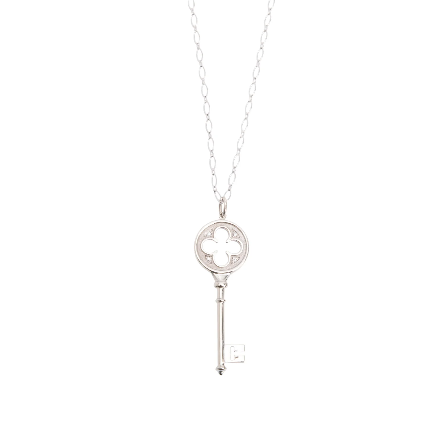 Tiffany & Co. 18k White Gold Diamond Clover Key Pendant Necklace w/ Box