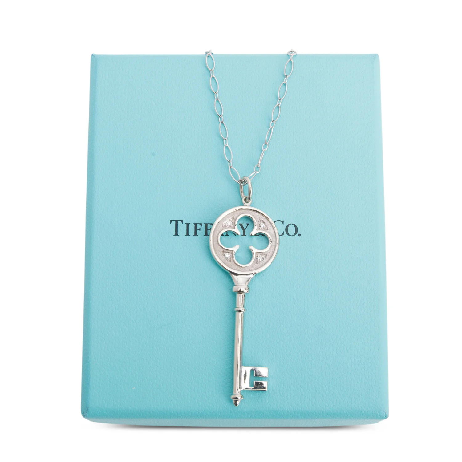 Tiffany & Co. 18k White Gold Diamond Clover Key Pendant Necklace w/ Box - Image 3