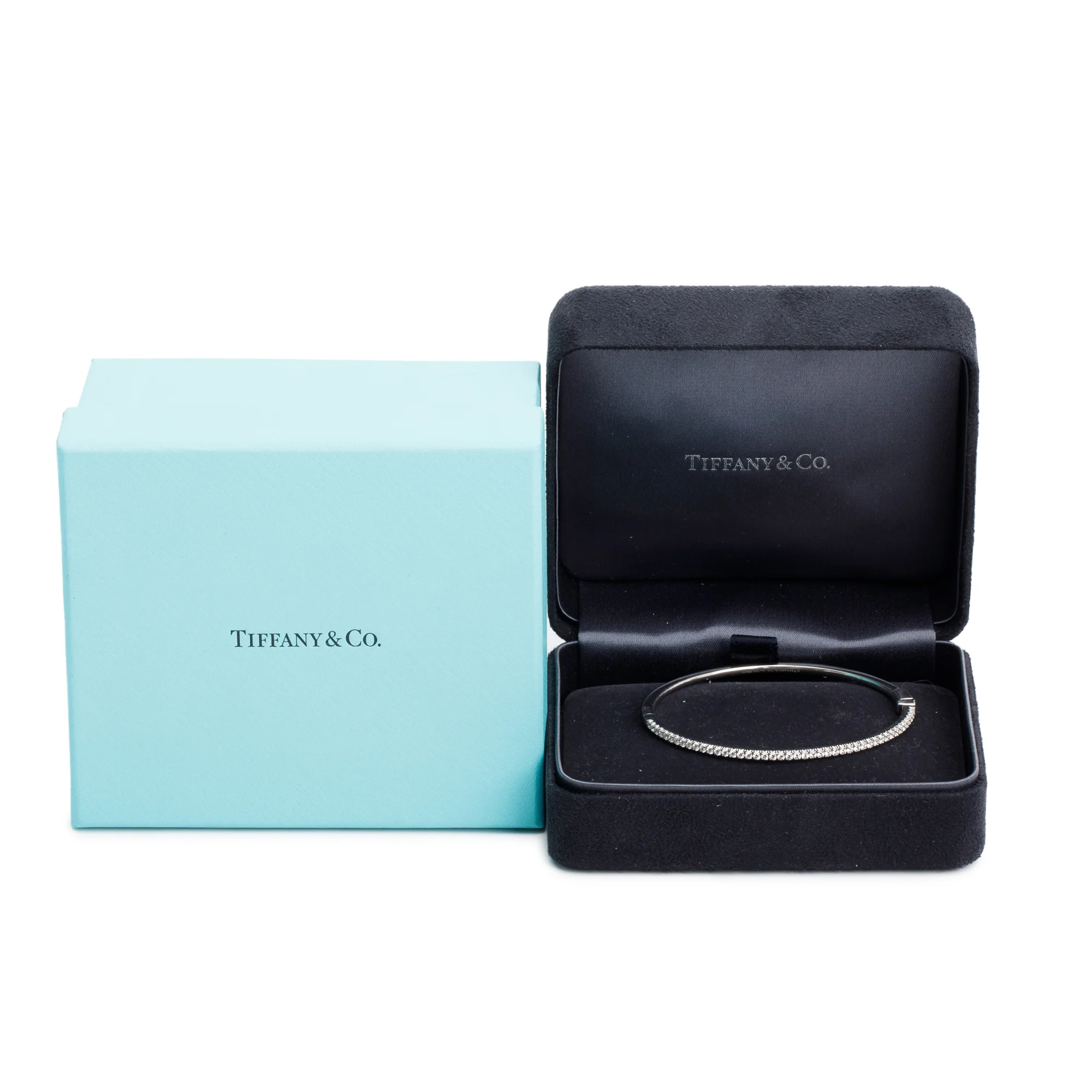 Tiffany & Co. 18k White Gold Diamond Metro Hinged Bangle Bracelet w/ Box - Image 2