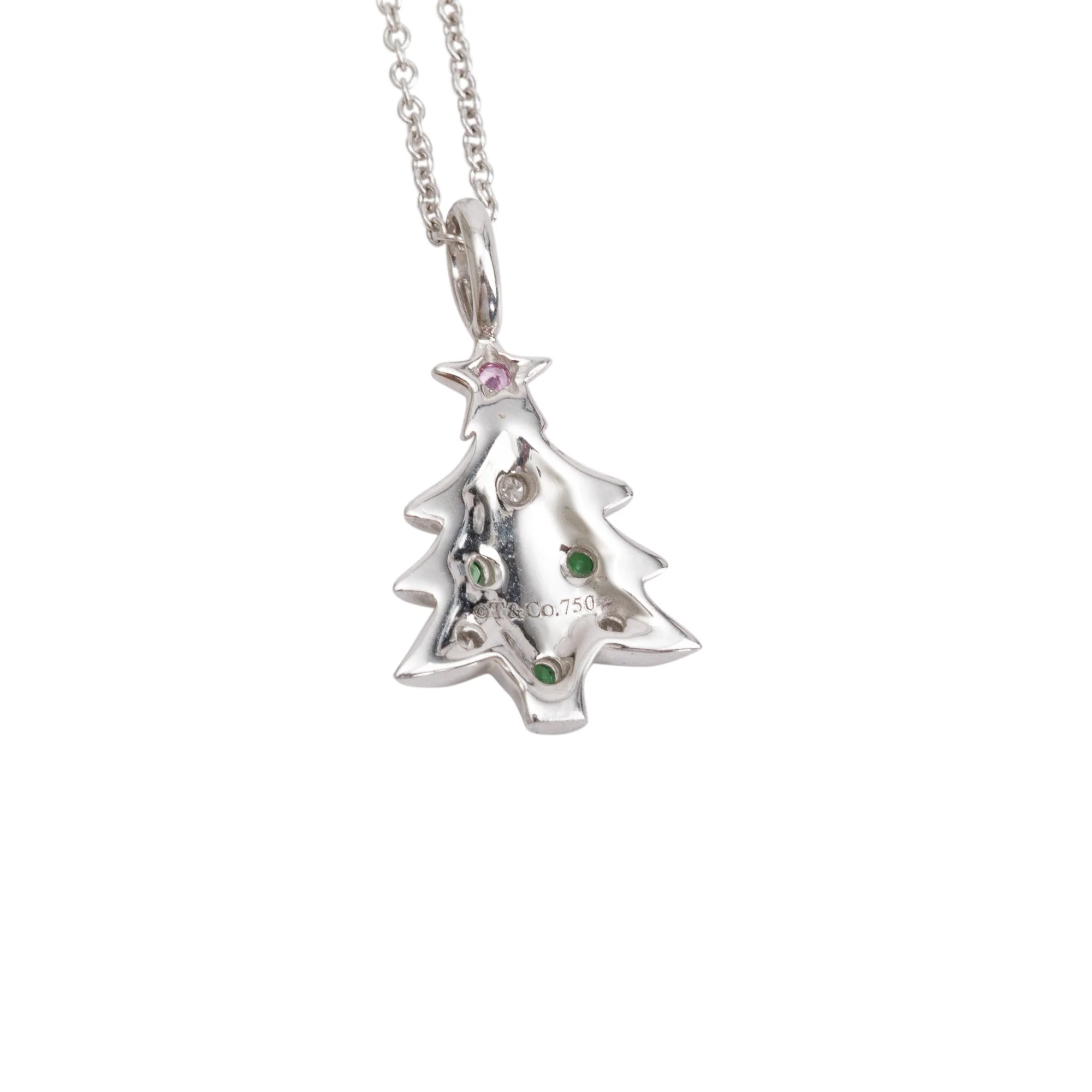 Tiffany & Co. 18k White Gold Diamond, Tsavorite & Sapphire Christmas Tree Pendant Necklace - Image 5