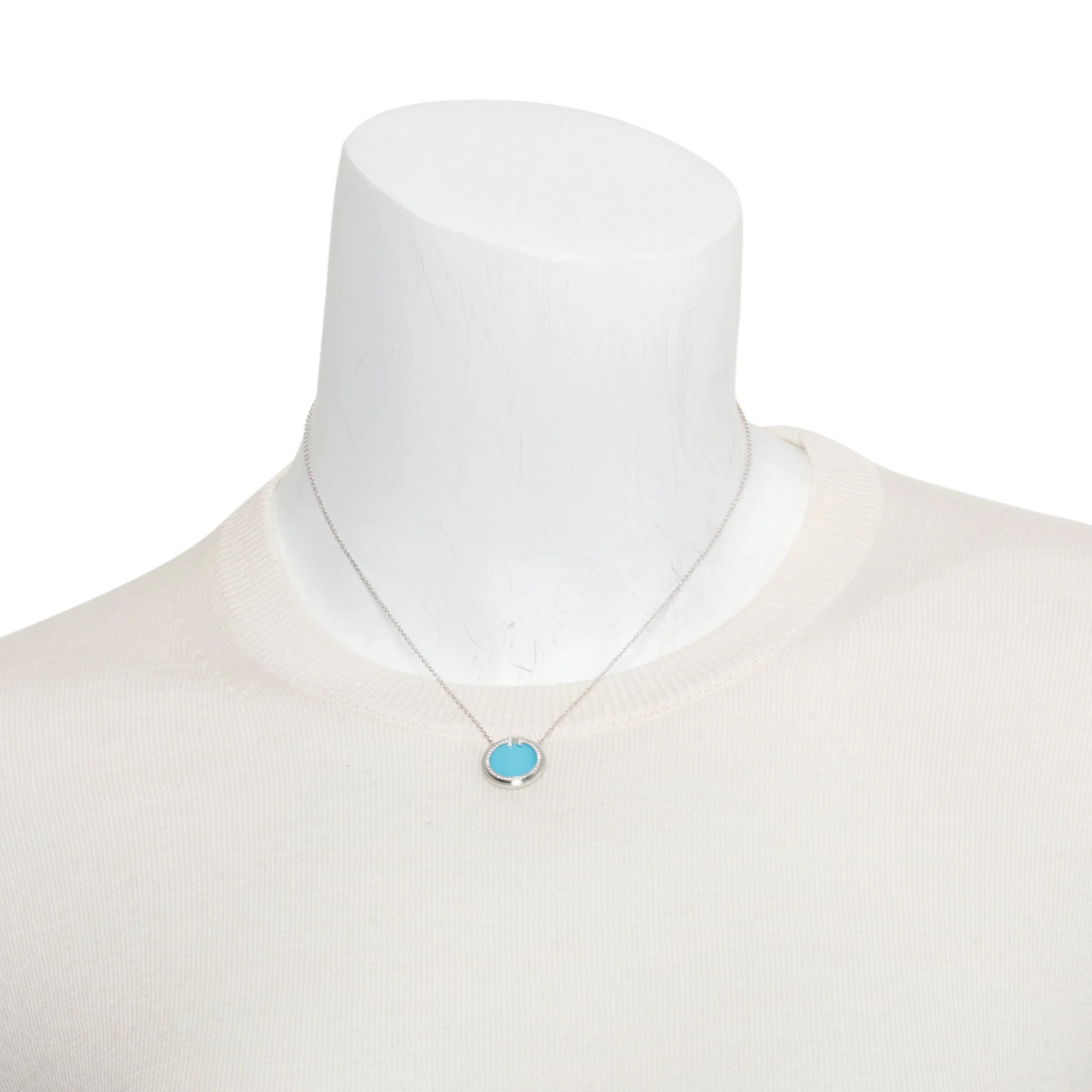 Tiffany & Co. 18k White Gold Diamond & Turquoise 16 MM T Circle Pendant Necklace w/ Box - Image 2