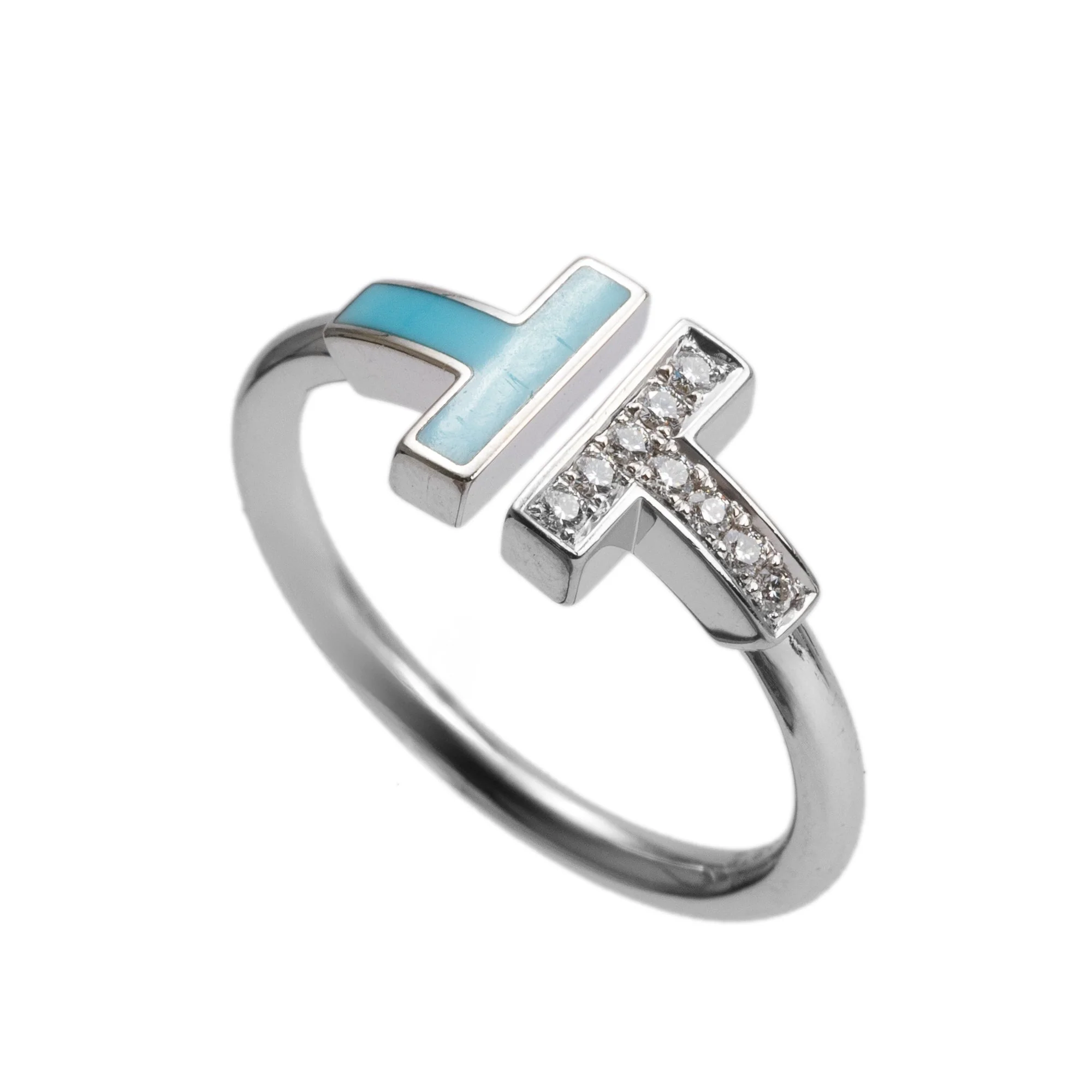 Tiffany & Co. 18k White Gold Diamond & Turquoise T Wire Ring, Size 7.5 w/ Box - Image 5