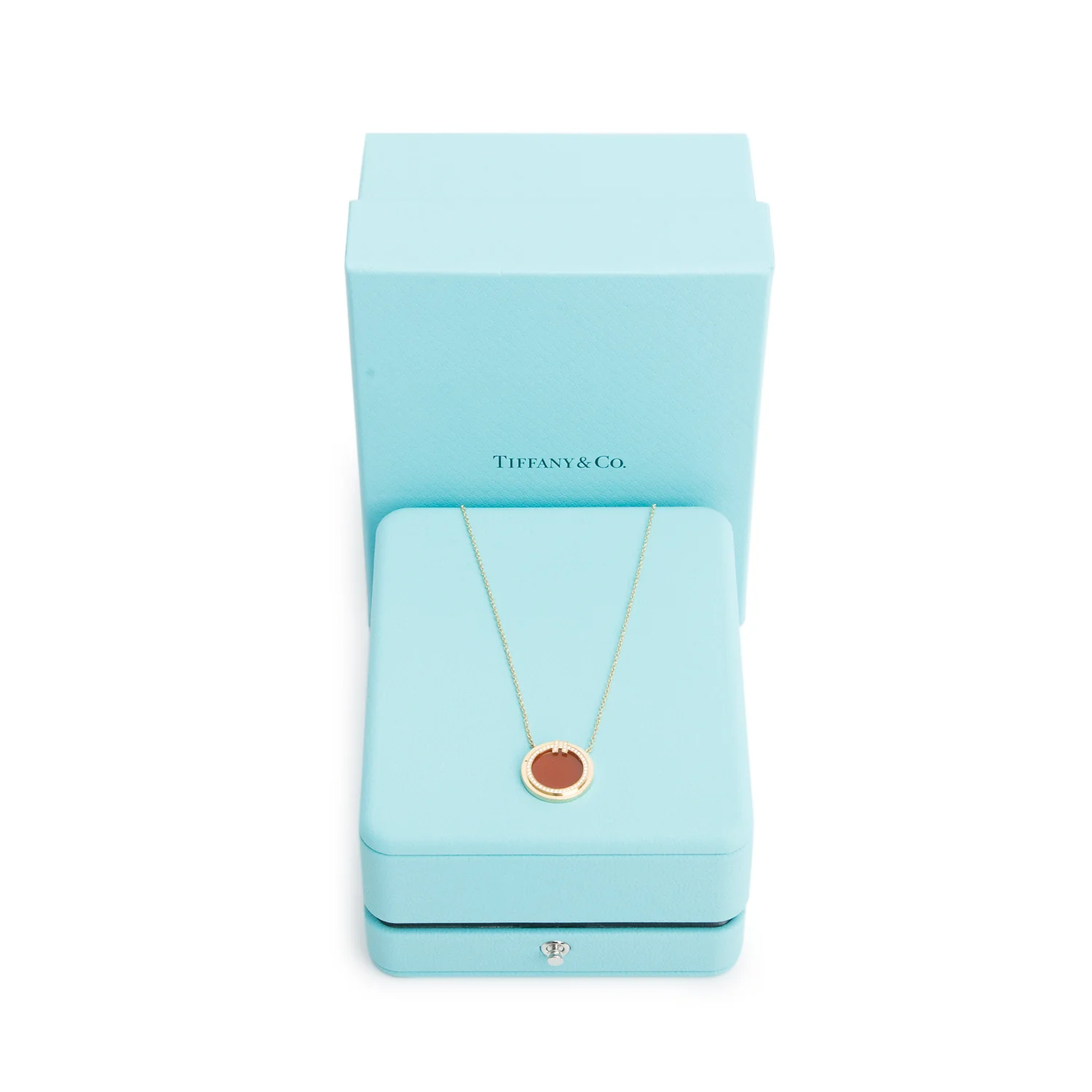 Tiffany & Co. 18k Yellow Gold Diamond and Carnelian 16 MM Circle Pendant Necklace w/ Box - Image 3
