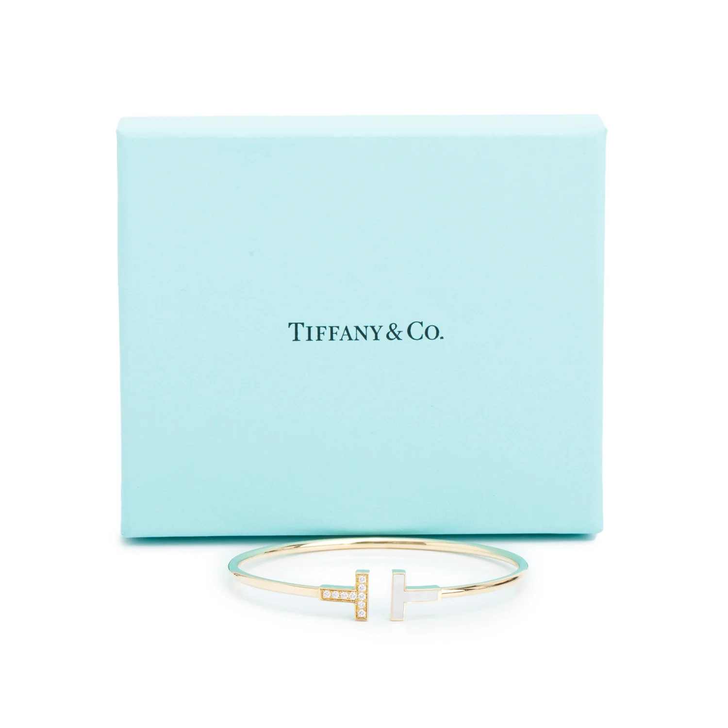 Tiffany & Co. 18k Yellow Gold Diamond & Mother of Pearl T Wire Bracelet w/ Box - Image 2