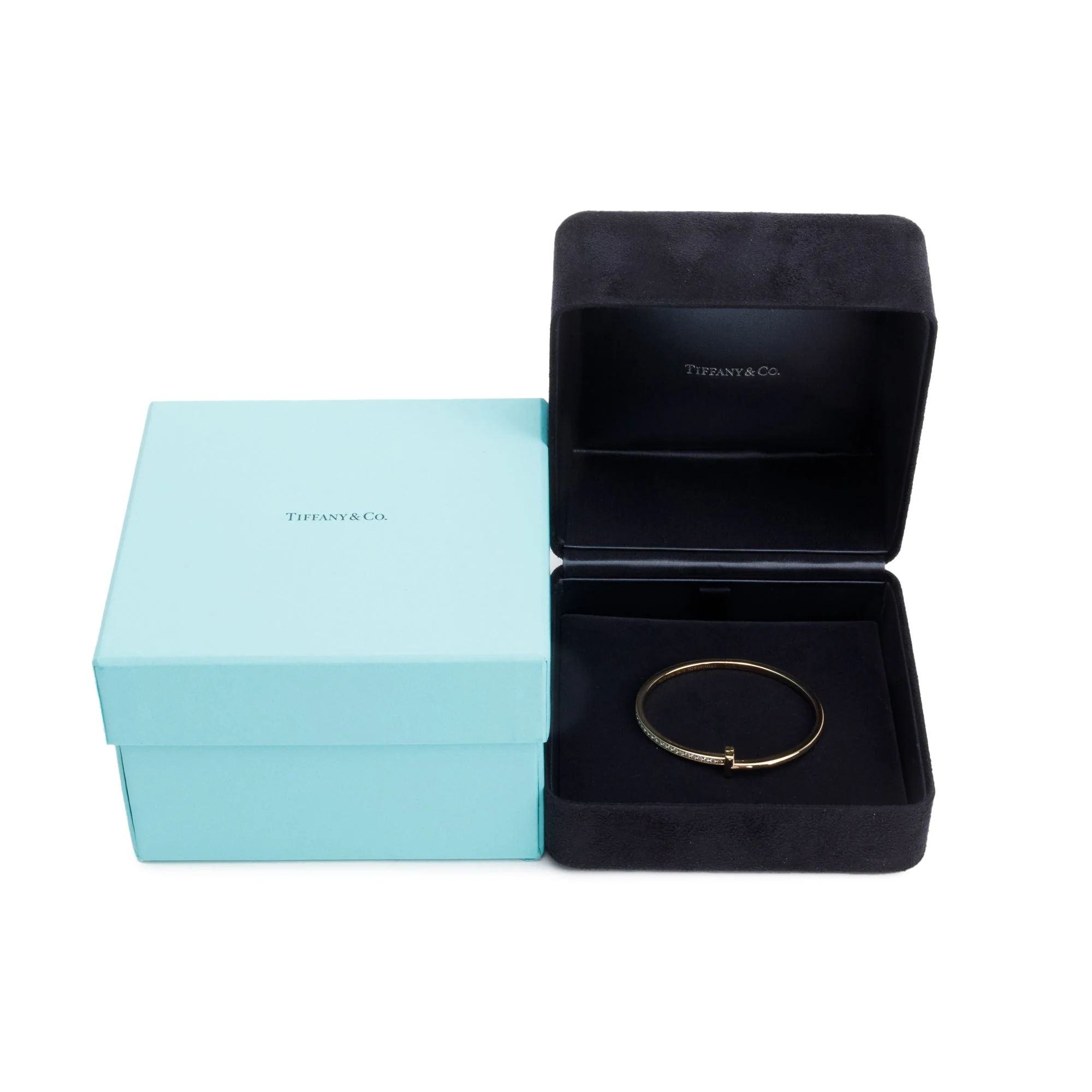 Tiffany & Co. 18k Yellow Gold Diamond T T1 Narrow Hinged Bangle w/ Box - Image 2