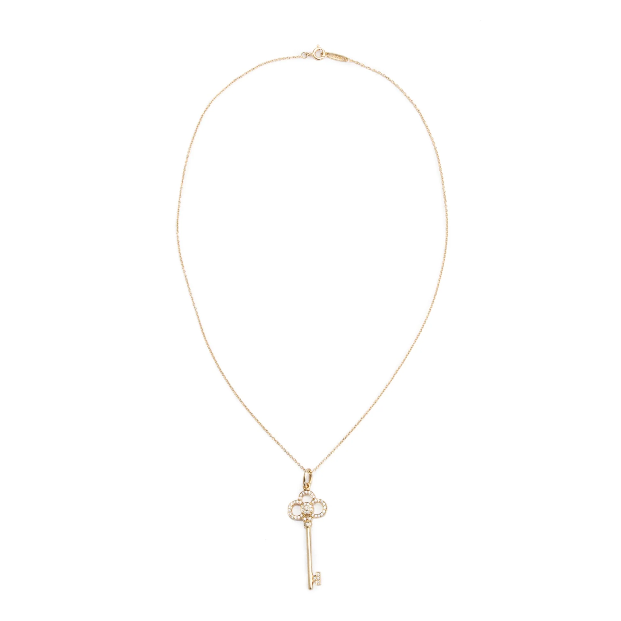 Tiffany & Co. 18k Yellow Gold Diamonds 1.5" Crown Key Pendant Necklace w/ Box