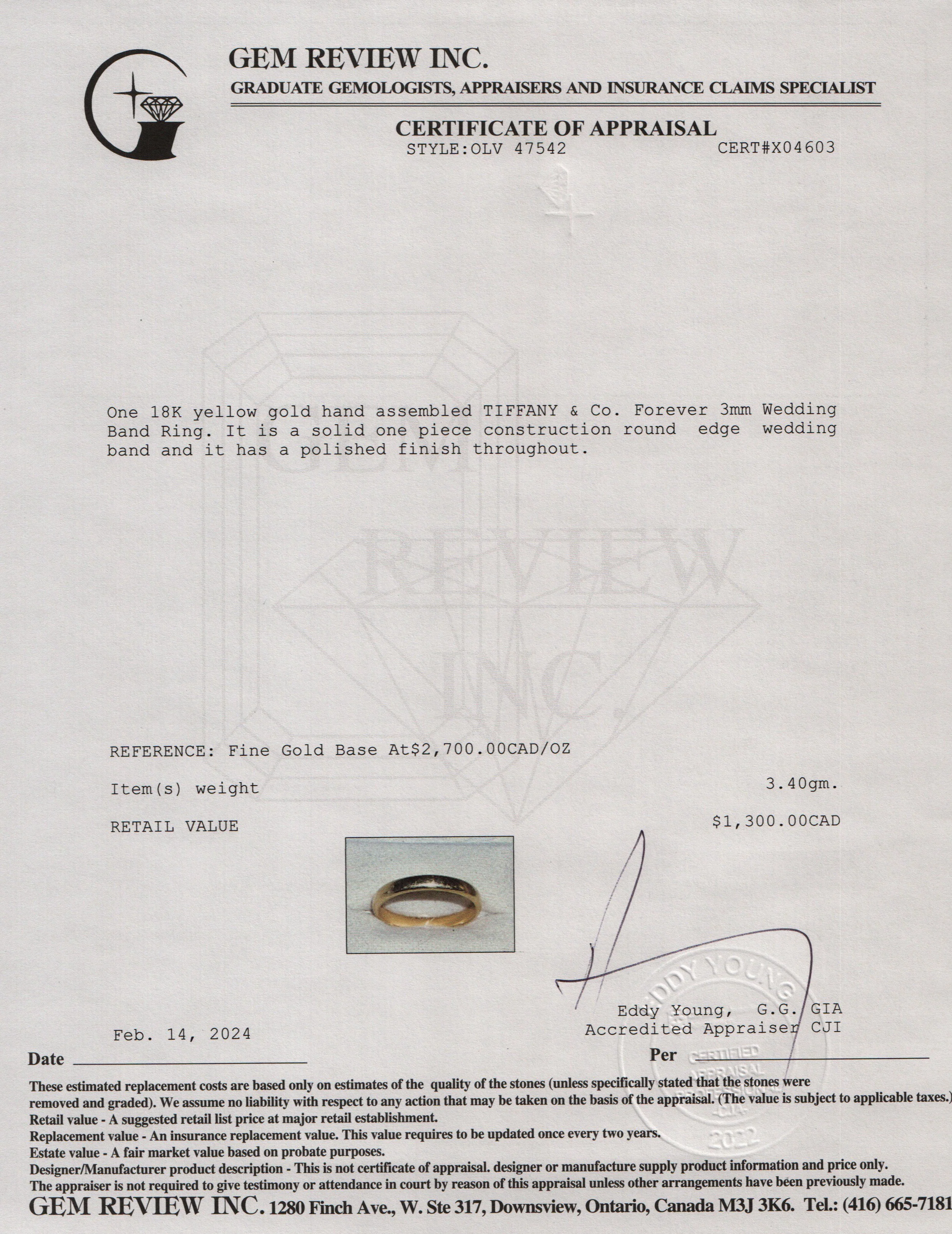 Tiffany & Co. 18k Yellow Gold Forever 3 MM Wedding Band Ring, Size 6.5 - Image 4