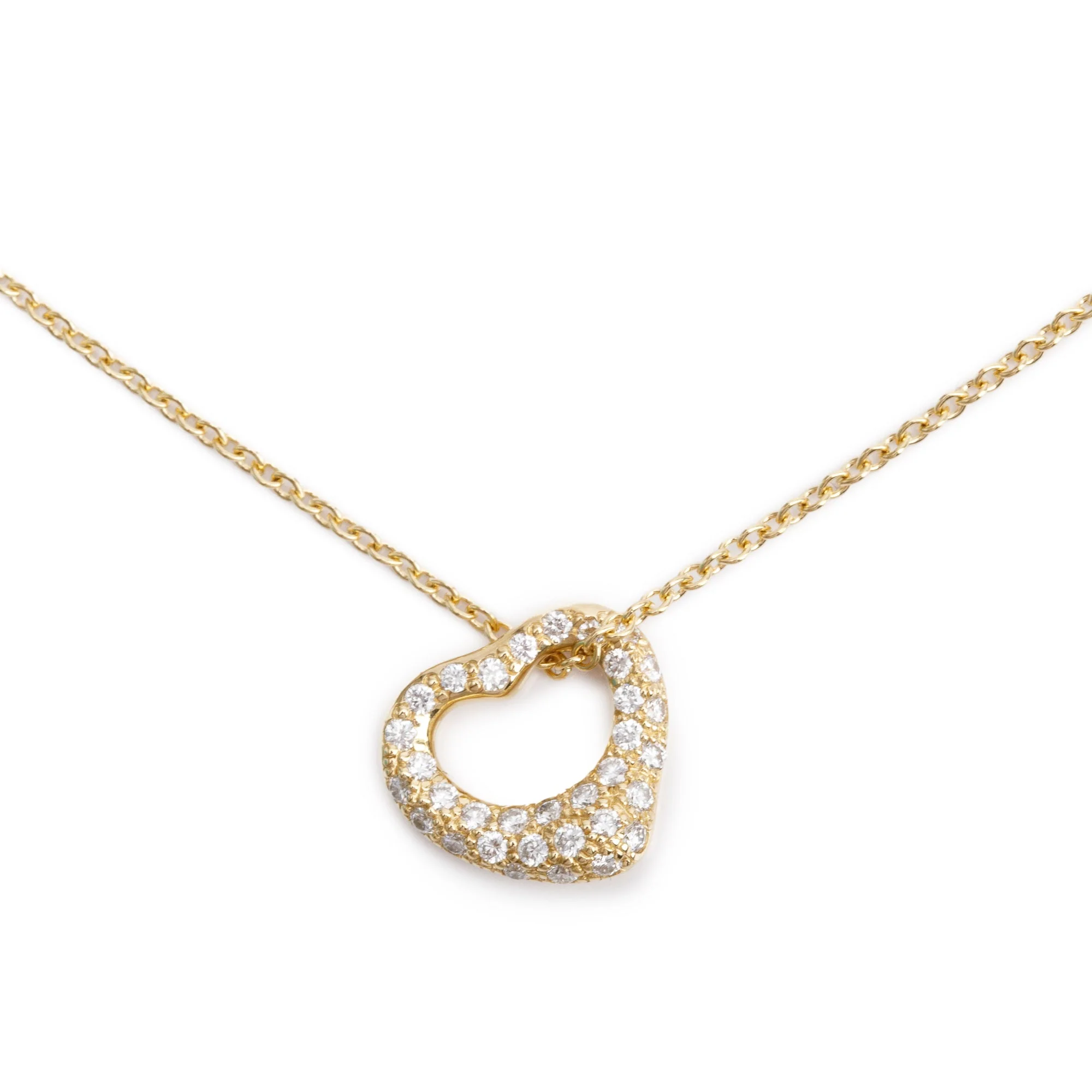 Tiffany & Co. Elsa Peretti 18k Yellow Gold Pave Diamond 11 MM Open Heart Pendant Necklace w/ Box & Receipt - Image 2