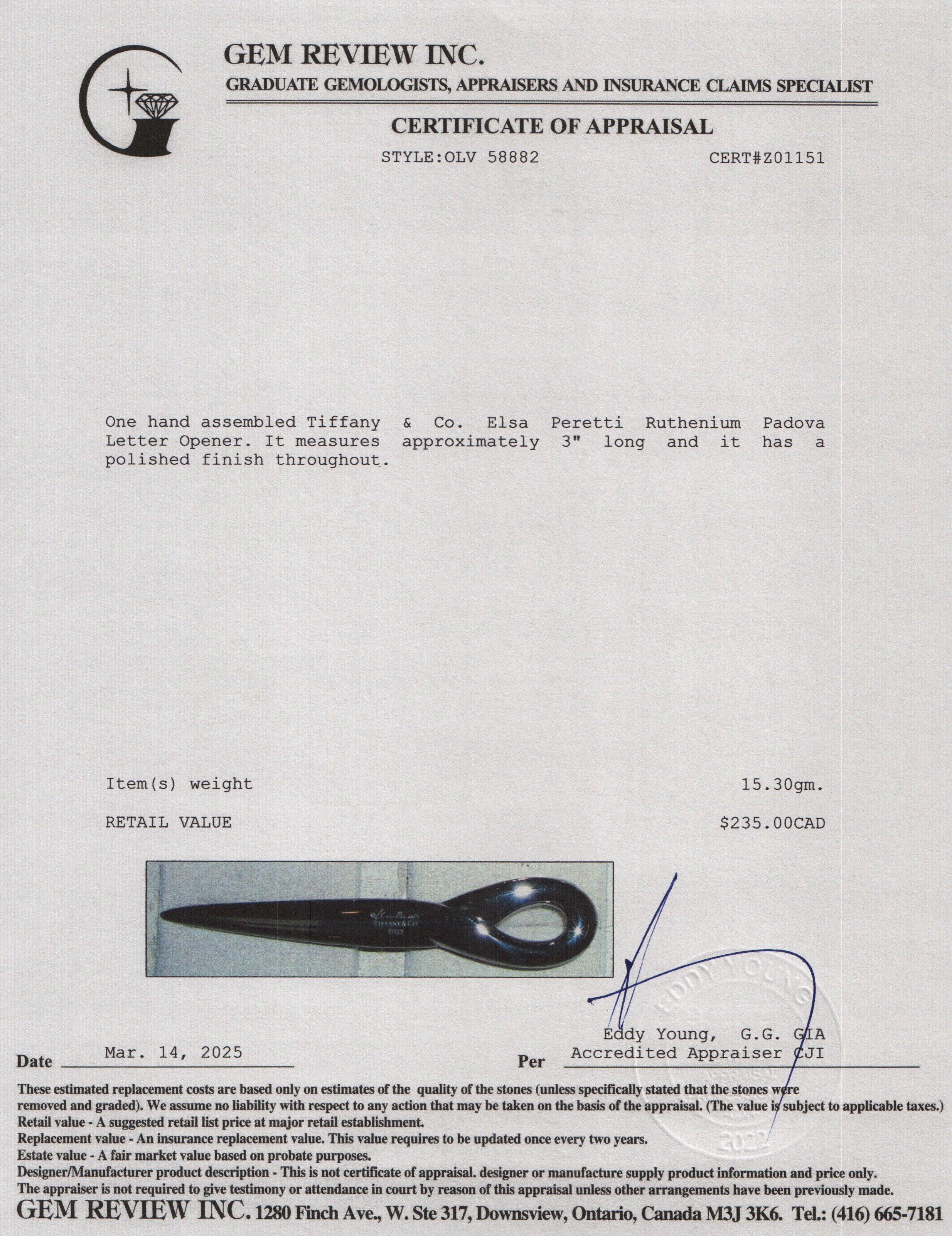 Tiffany & Co. Elsa Peretti Ruthenium Padova Letter Opener - Image 4