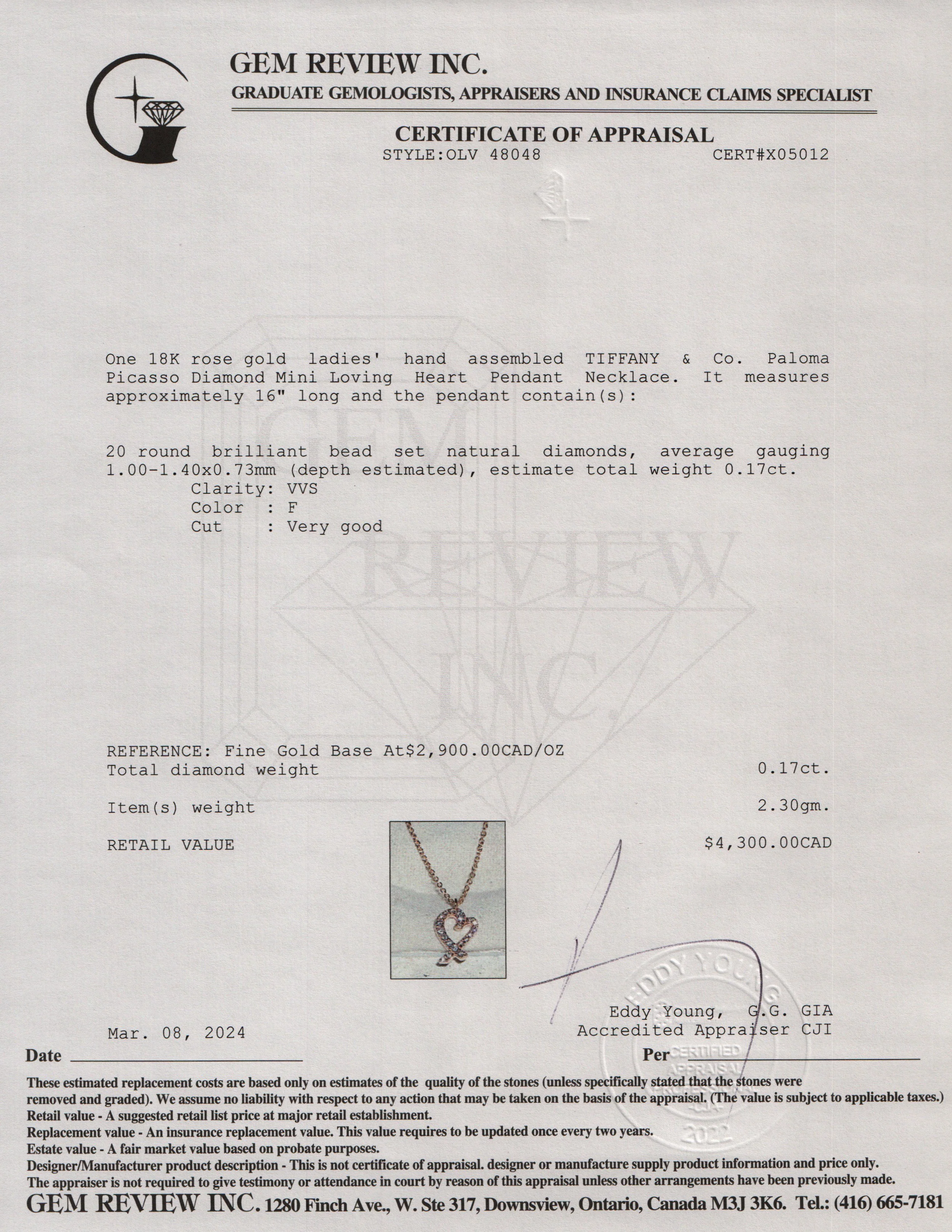 Tiffany & Co. Paloma Picasso 18k Rose Gold Diamond Mini Loving Heart Pendant Necklace w/ Box - Image 8
