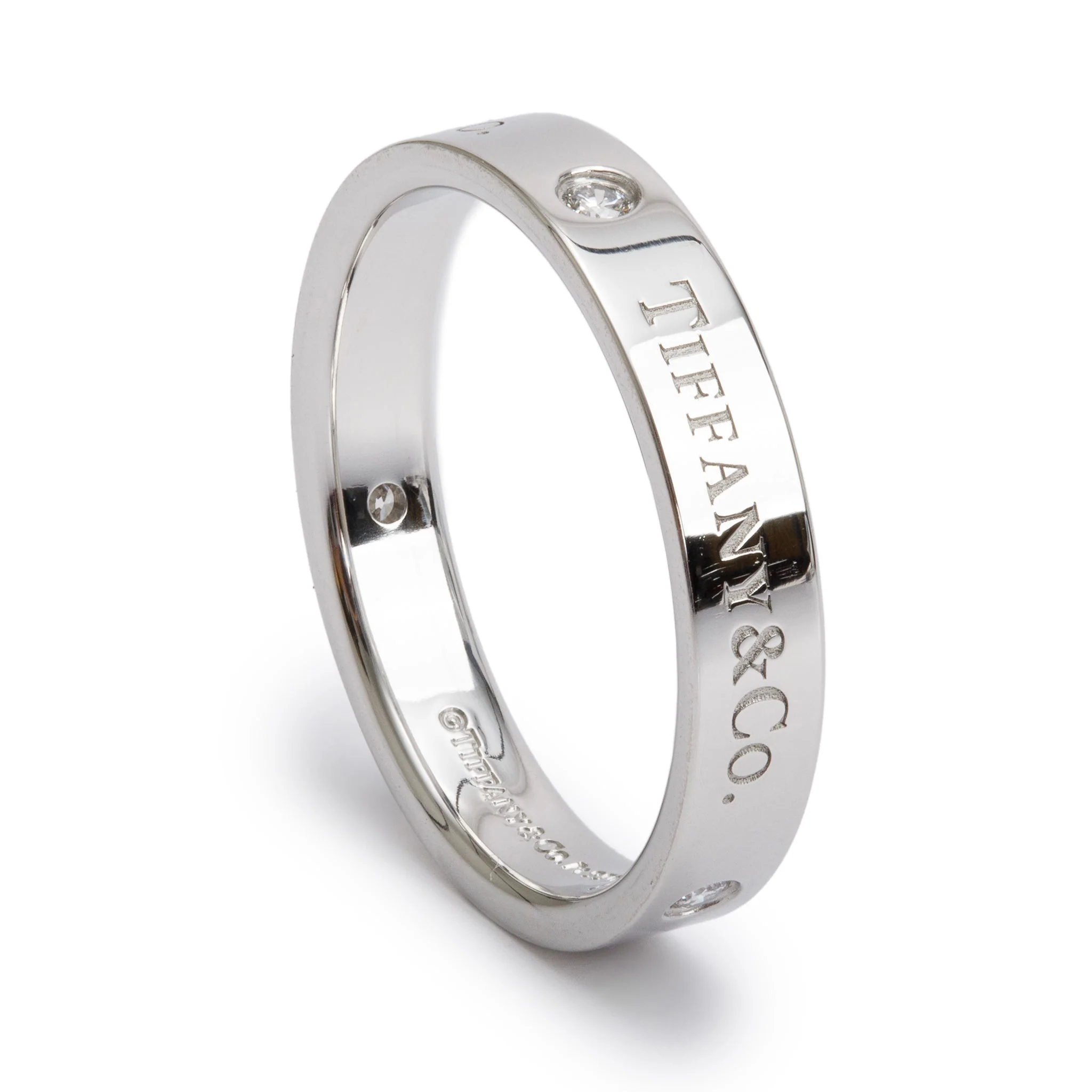 Tiffany & Co. Platinum & 3 Diamond 4 MM Logo Band Ring, Size 9.25 w/ Box - Image 3