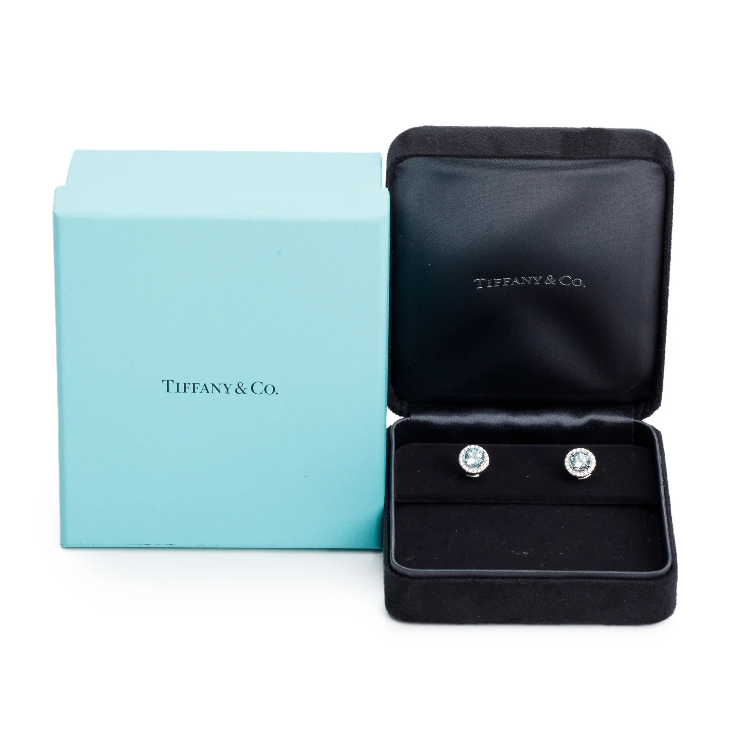Tiffany & Co. Platinum 6 MM Aquamarine & Diamond Soleste Stud Earrings w/ Box - Image 2