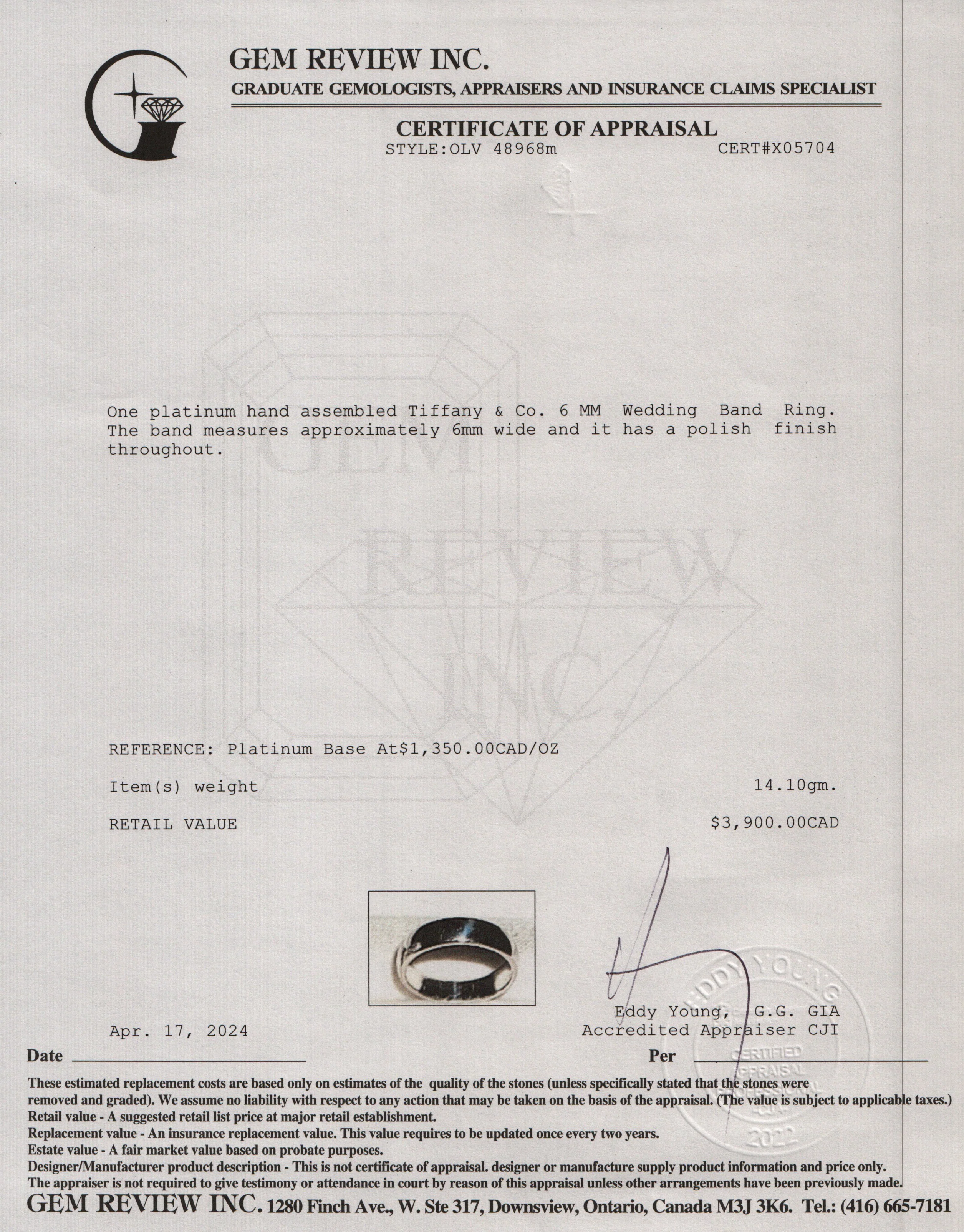 Tiffany & Co. Platinum 6 MM Wedding Band Ring, Size 8.5 - Image 3