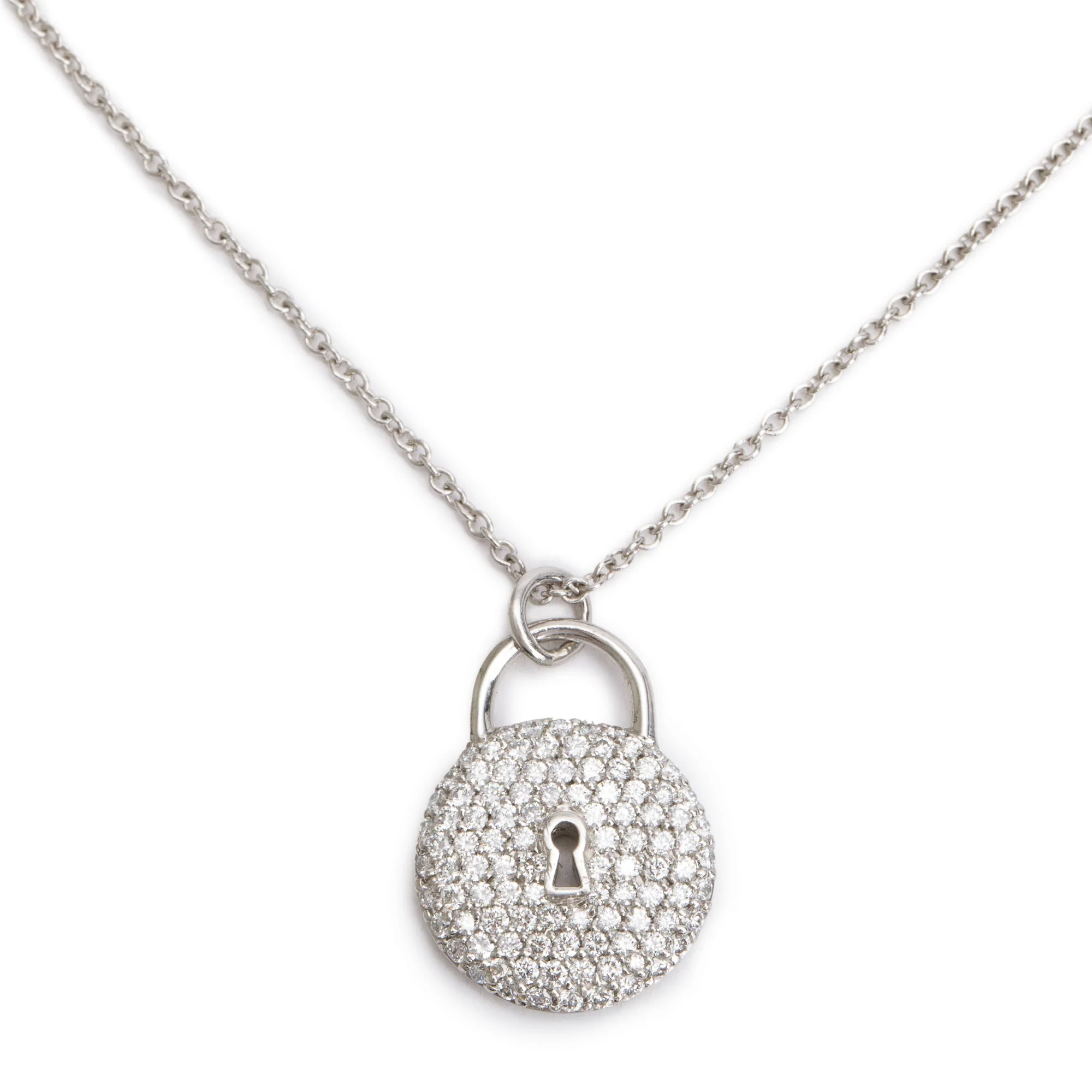 Tiffany & Co. Platinum Diamond Mini Round Lock Pendant Necklace w/ Box - Image 4