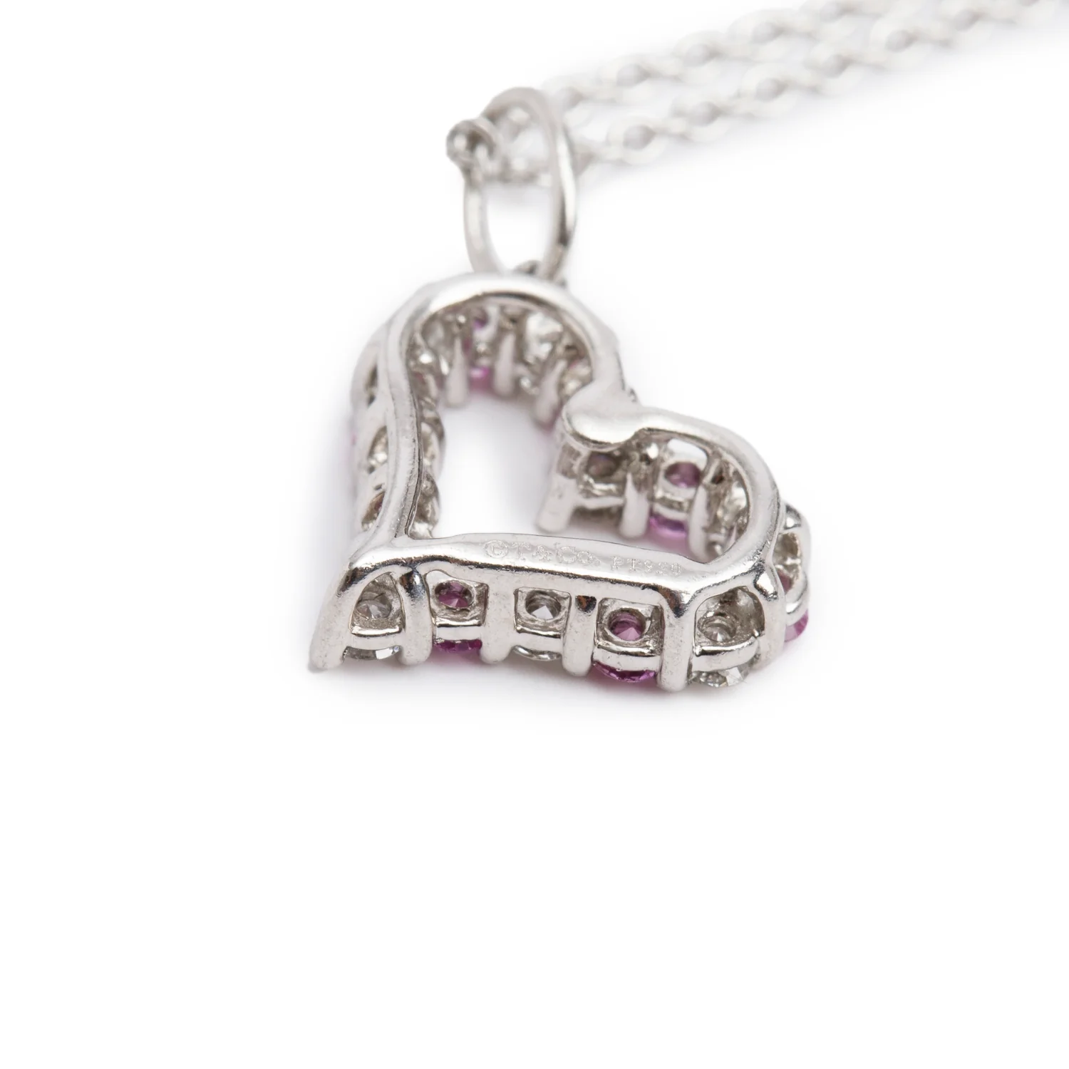 Tiffany & Co. Platinum Diamond & Pink Sapphire Mini Heart Charm Pendant Necklace w/ Box - Image 4