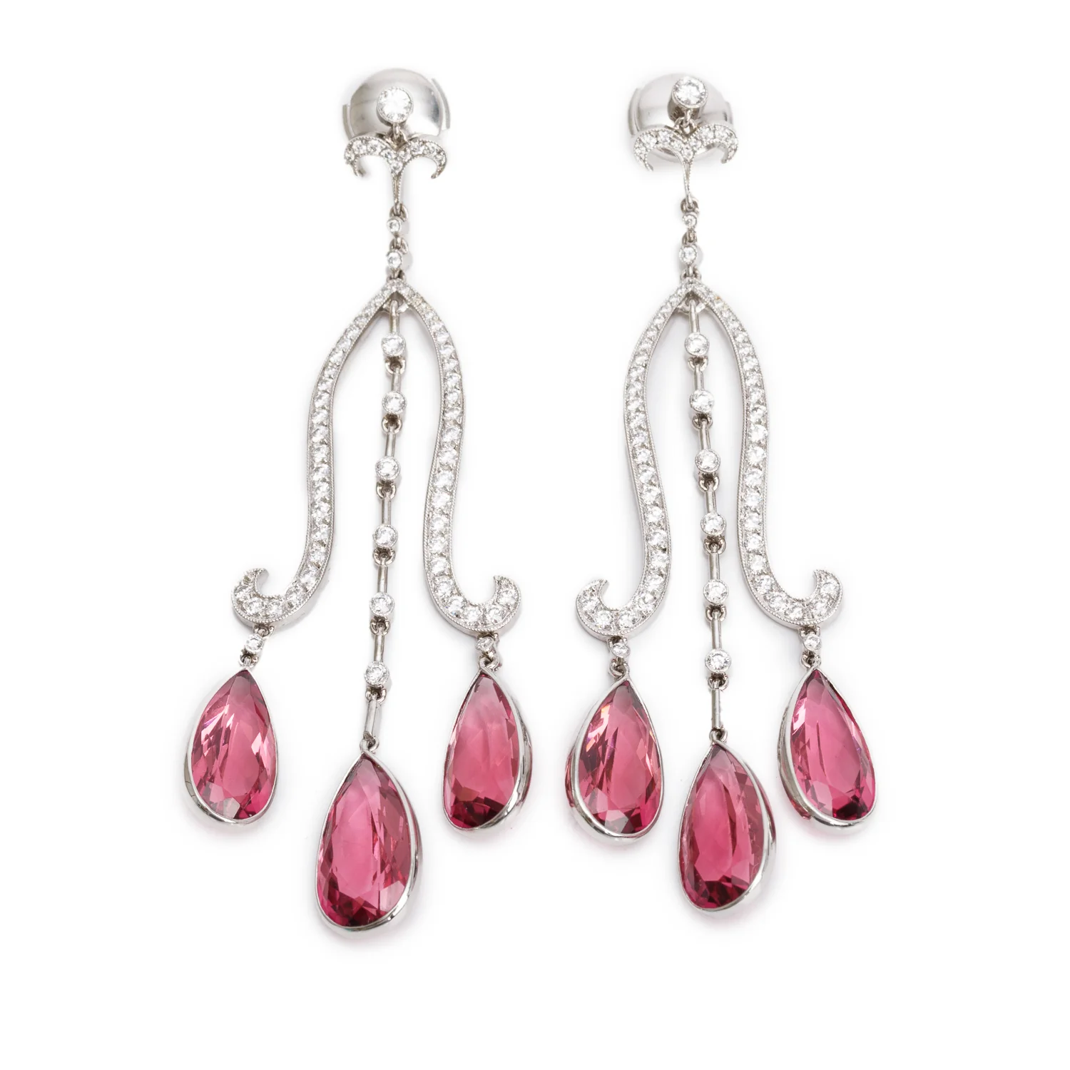 Tiffany & Co. Platinum Pink Tourmaline & Diamond Drop Earrings w/ Box
