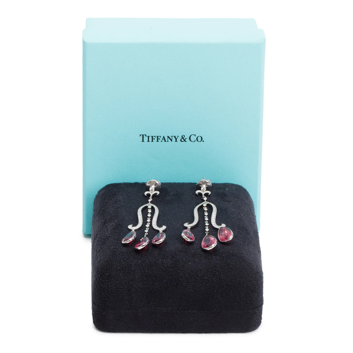 Tiffany & Co. Platinum Pink Tourmaline & Diamond Drop Earrings w/ Box - Image 2