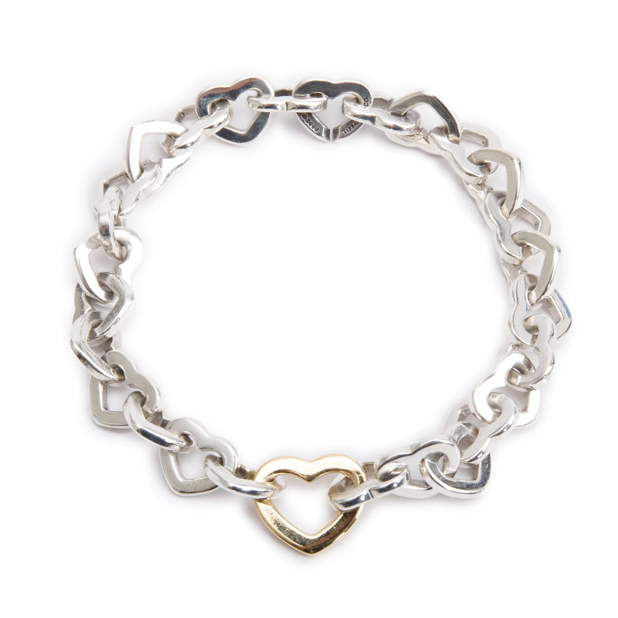 Tiffany & Co. Sterling Silver & 18k Yellow Gold Heart Link Bracelet w/ Box