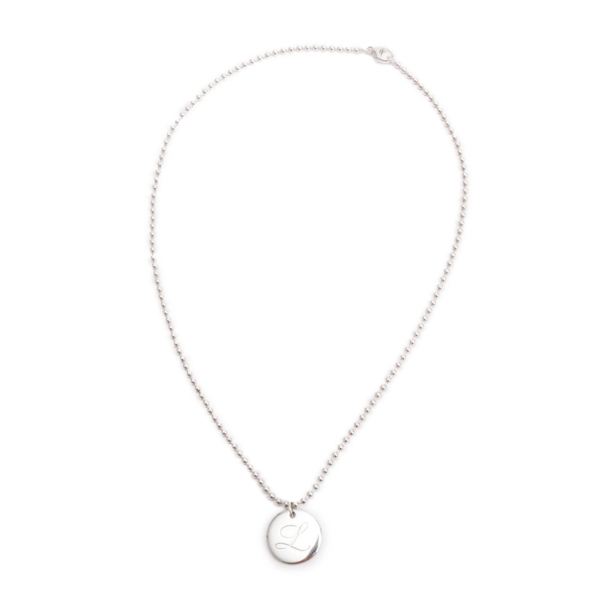 Tiffany & Co. Sterling Silver Alphabet Letter 'L' Medium Round Tag Pendant Necklace