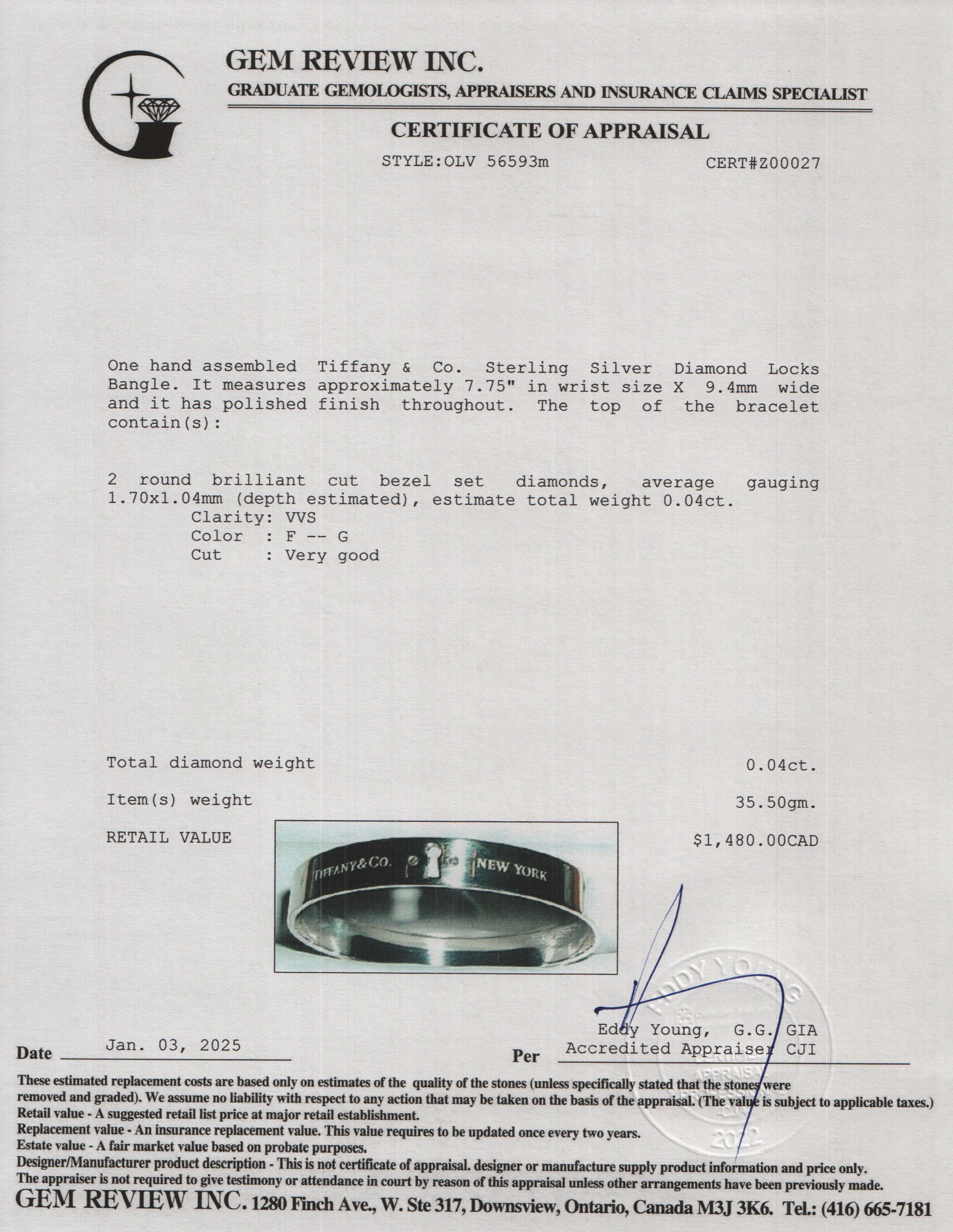 Tiffany & Co. Sterling Silver Diamond Locks Bangle - Image 4