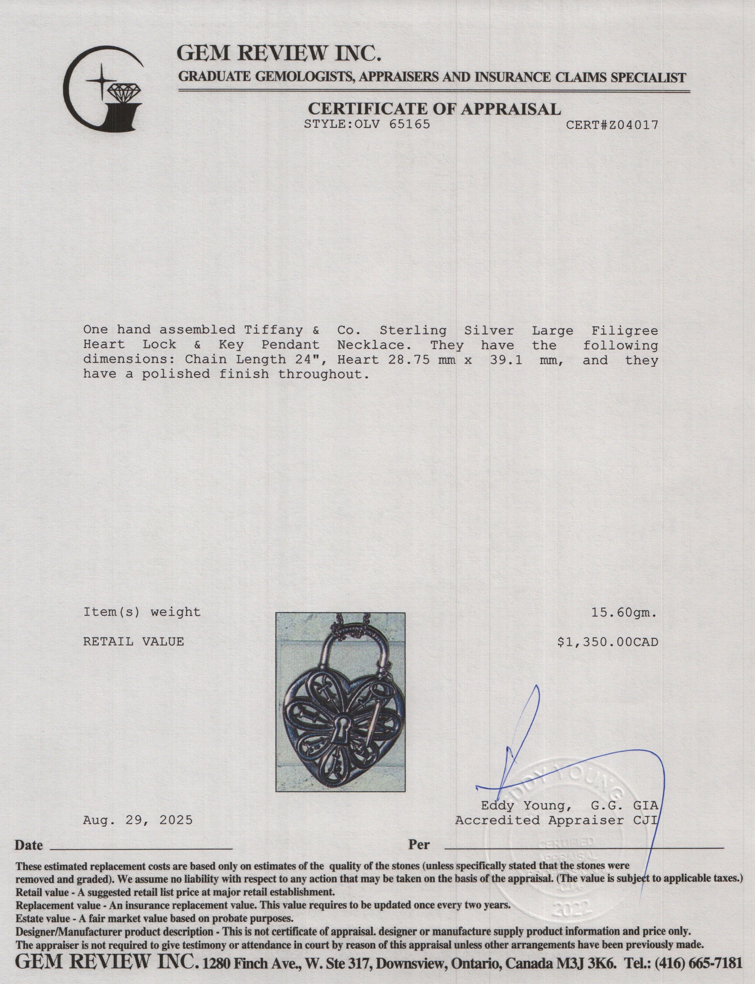 Tiffany & Co. Sterling Silver Large Filigree Heart Lock & Key Pendant Necklace - Image 5